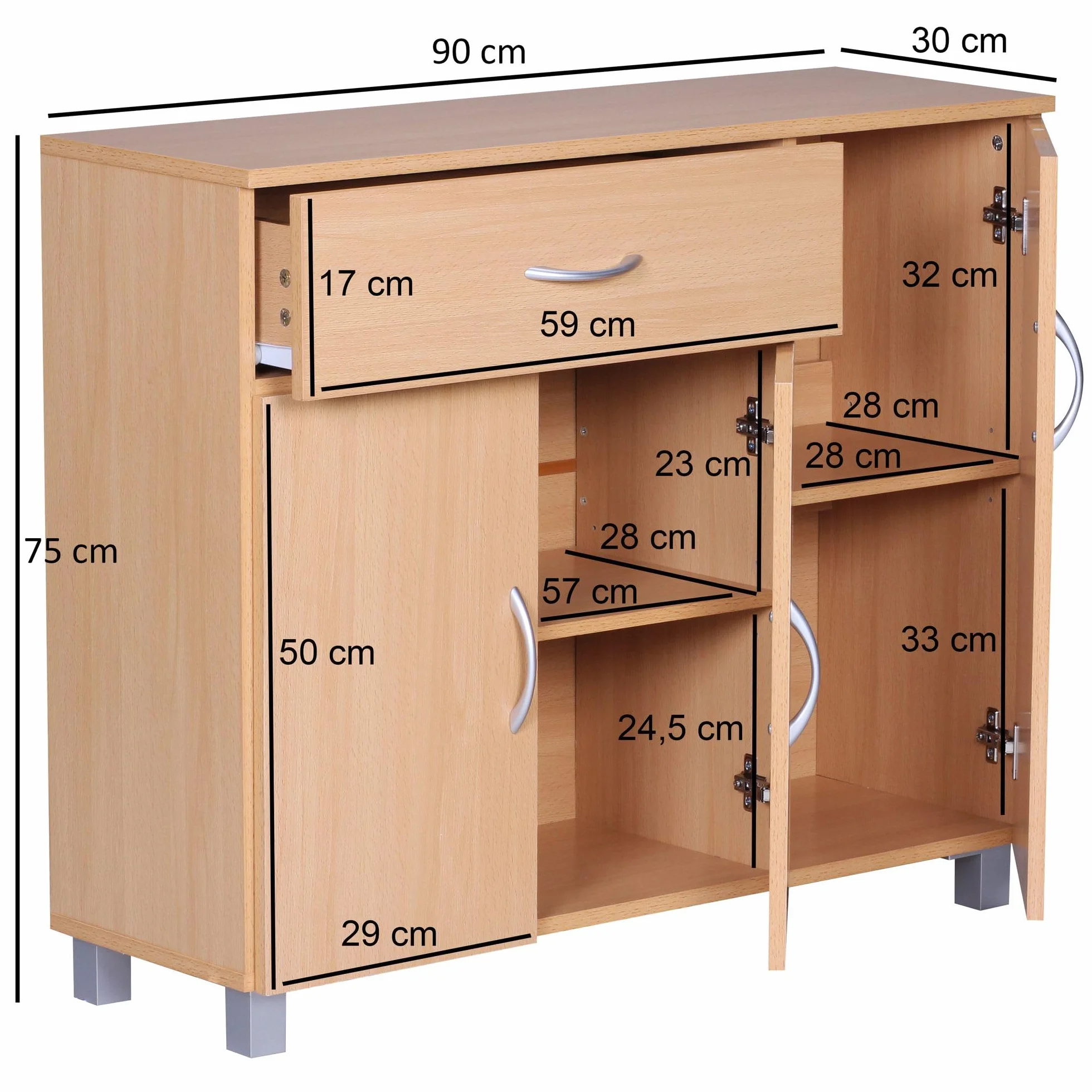 WOHNLING buk JARRY komoda z 1 szufladą i 3 drzwiami 90 x 75 x 30 cm