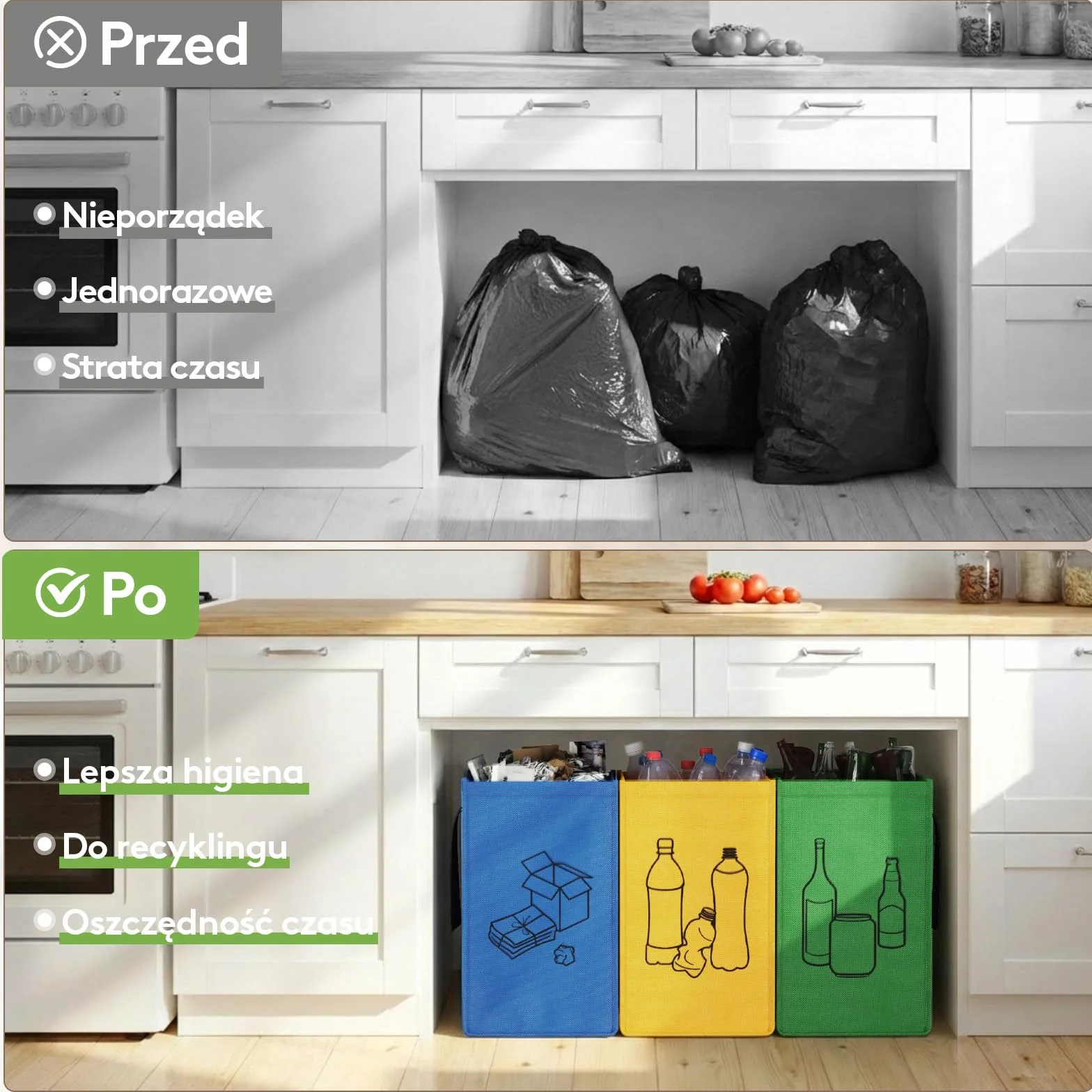 Lifewit System segregacji śmieci do kuchni, 3 przegródki na papier, szkło i plastik, pojemniki z recyklingu, pojemnik na odpady i butelki na kaucję, 3 x 45 l, łatwe opróżnianie