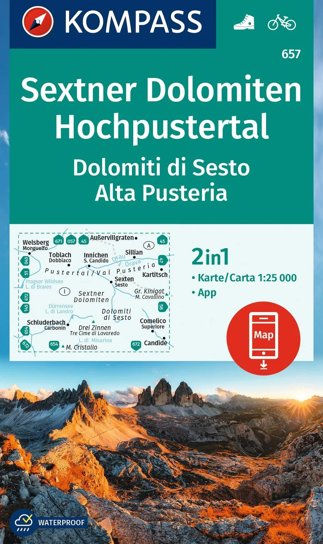 Cartina escursionistica n. 657 Dolomiti di Sesto, Parco Naturale Tre Cime: markierte Wanderwege, Hütten, Fahrradwege, inklusive Karte zur offline Verwendung in der KOMPASS-App