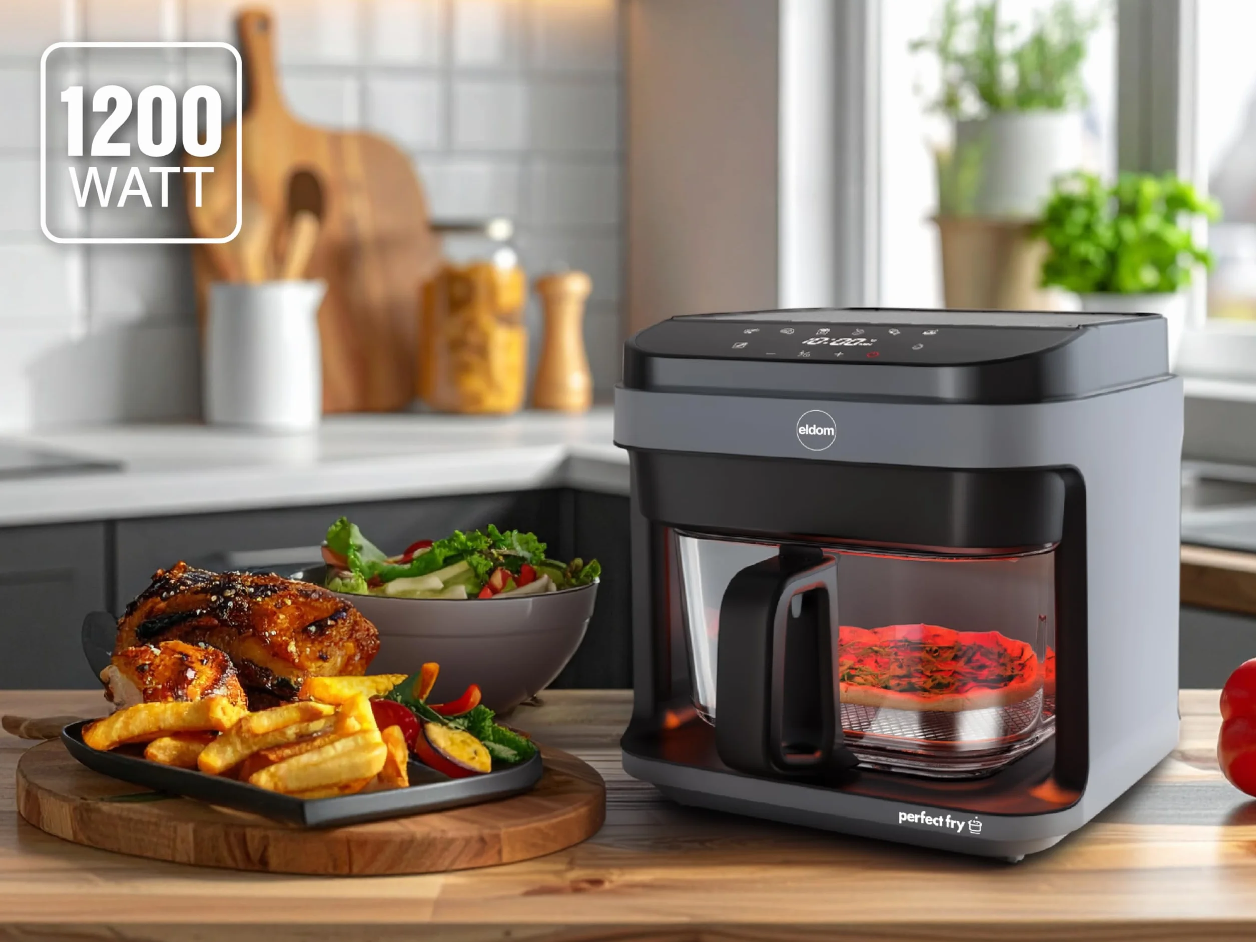 Frytownica Beztłuszczowa 5,5L Air Fryer 1200W, Szklany Kosz, 8 Programów, LED, Regulacja Temperatury 40–200°C, Rozmrażanie, FR500 Eldom