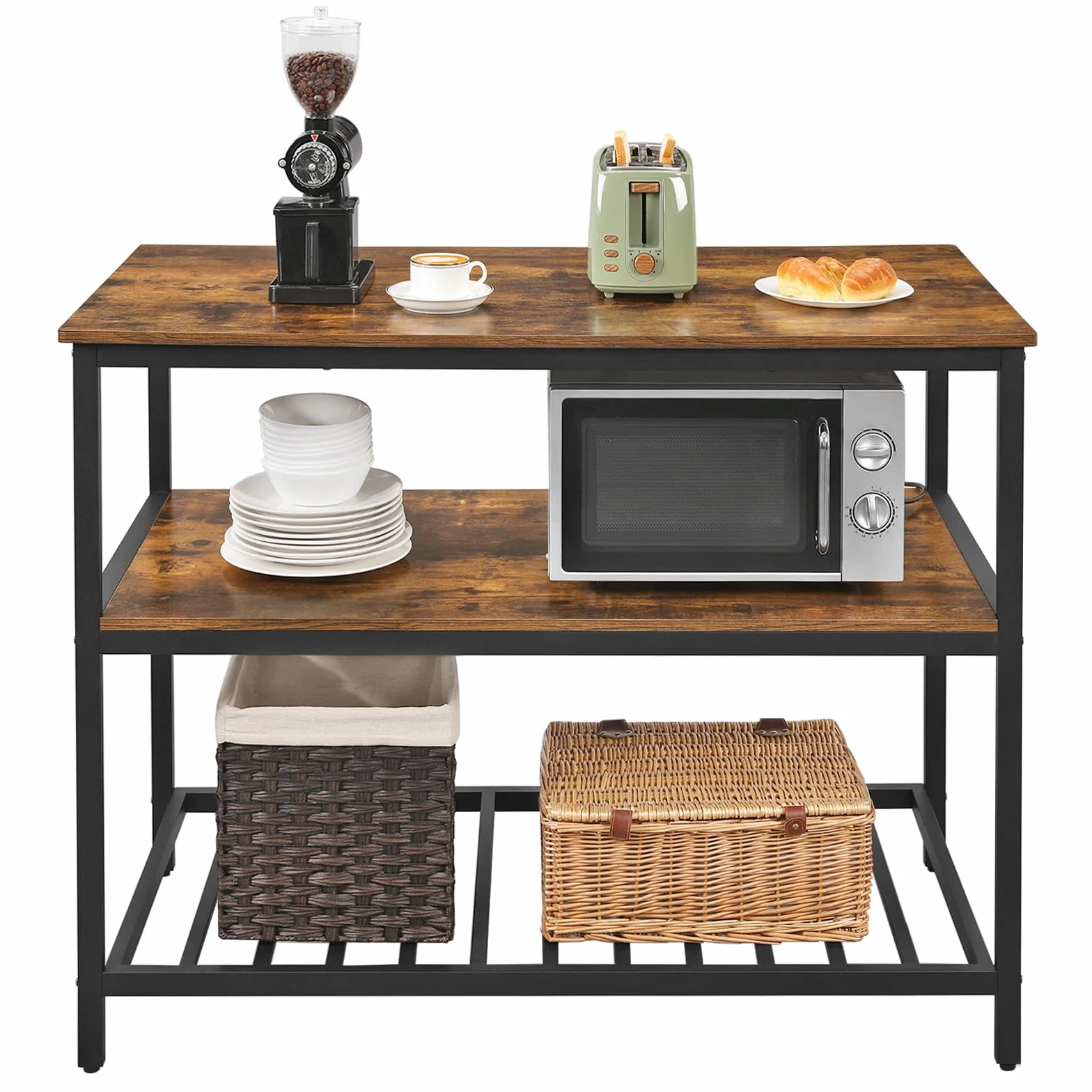 VASAGLE Wyspa Kuchenna z Blatem 120x60x90 cm Metalowa Rama Vintage Brązowo-Czarny
