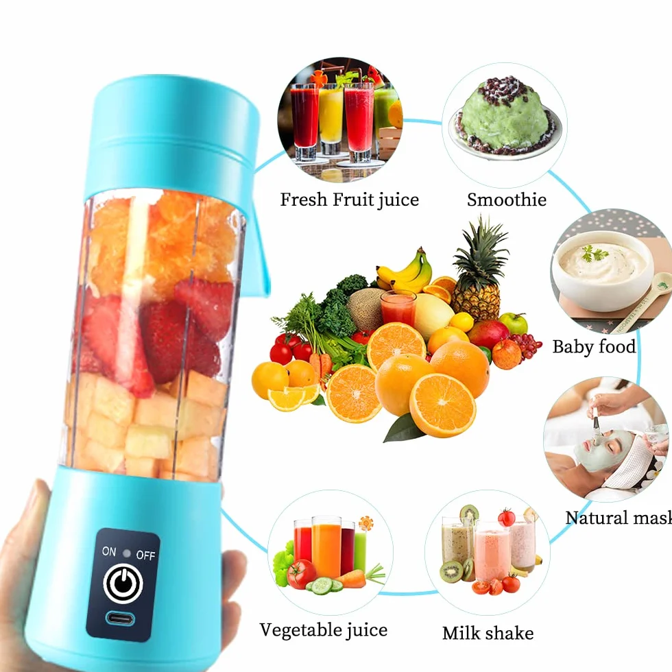 Przenośny blender, osobista wyciskarka do soku, ręczny mikser do owoców o pojemności 380 ml, ładowany przez USB, z 6 ostrzami Power Blender, podróżny, do smoothie i koktajli (niebieski)