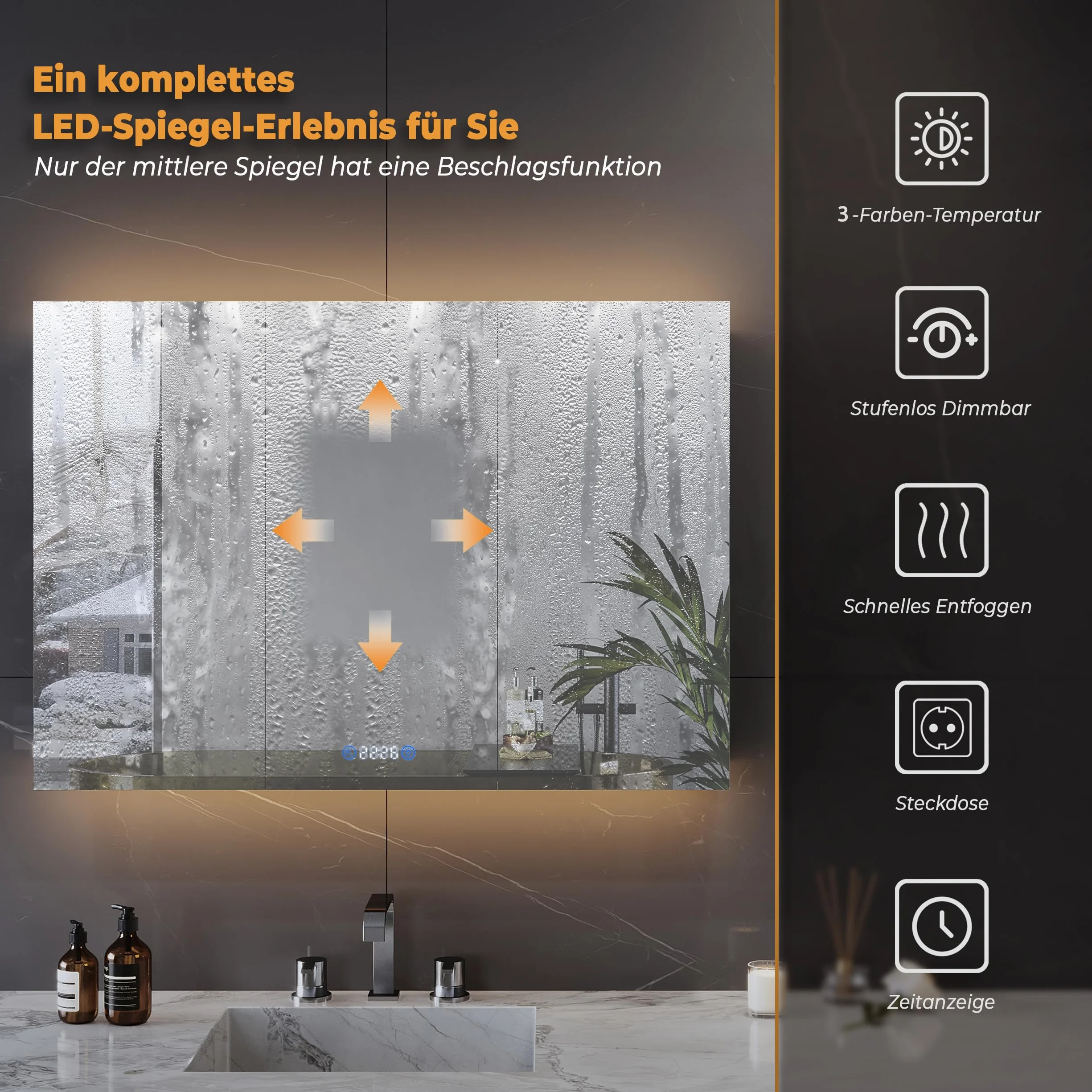 Szafka łazienkowa z lustrem z oświetleniem, 100 x 60 x 13 cm, gniazdko 3-drzwiowe LED, szafka z lustrem z przełącznikiem dotykowym, 3 regulowane kolory światła, bez zaparowania, łazienka