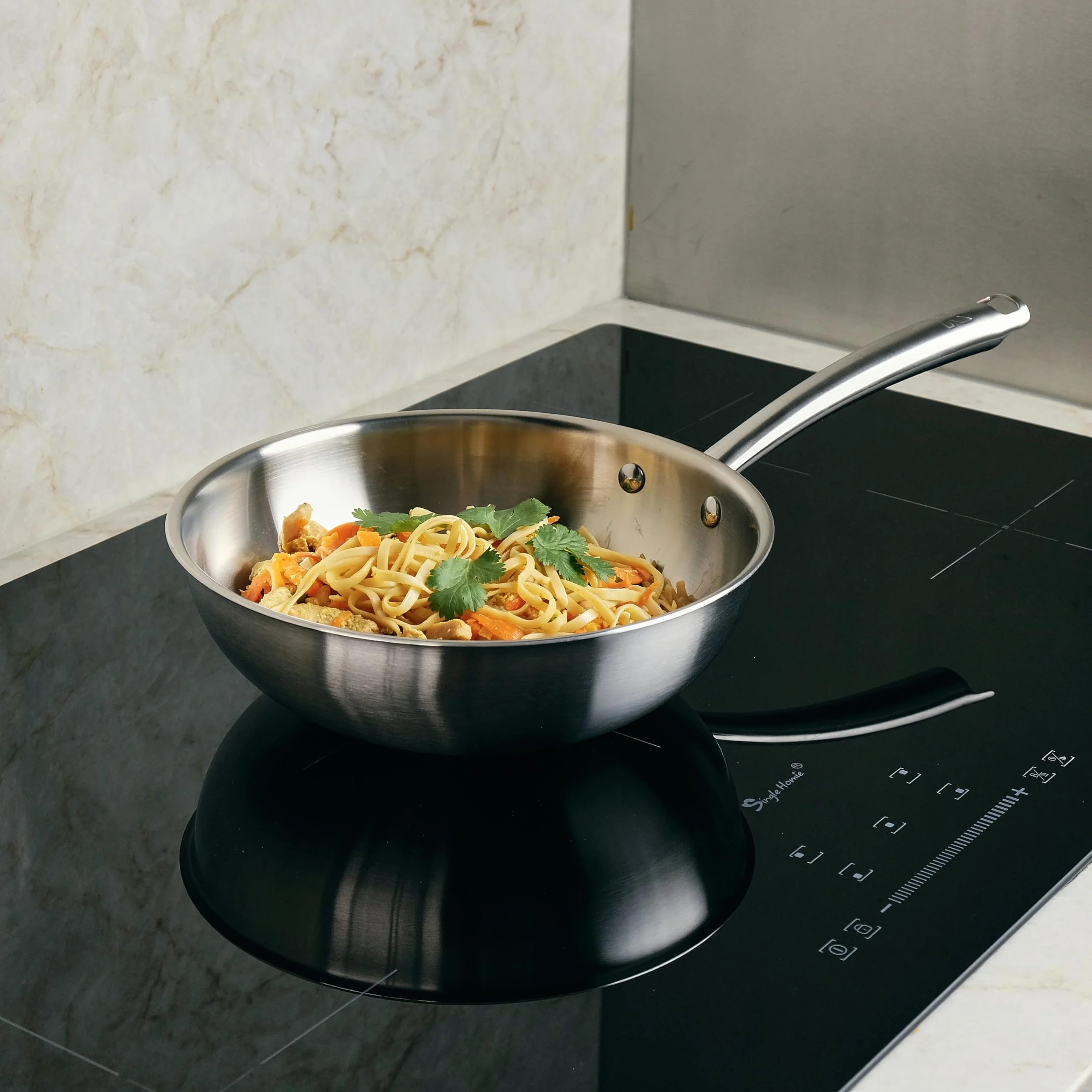 KAMBERG - Wok Ø28 cm ze stali nierdzewnej 18/10 Triply - bez PFAS - Pokrywa w zestawie - Wszystkie palniki indukcyjne i piekarnik - 0008281