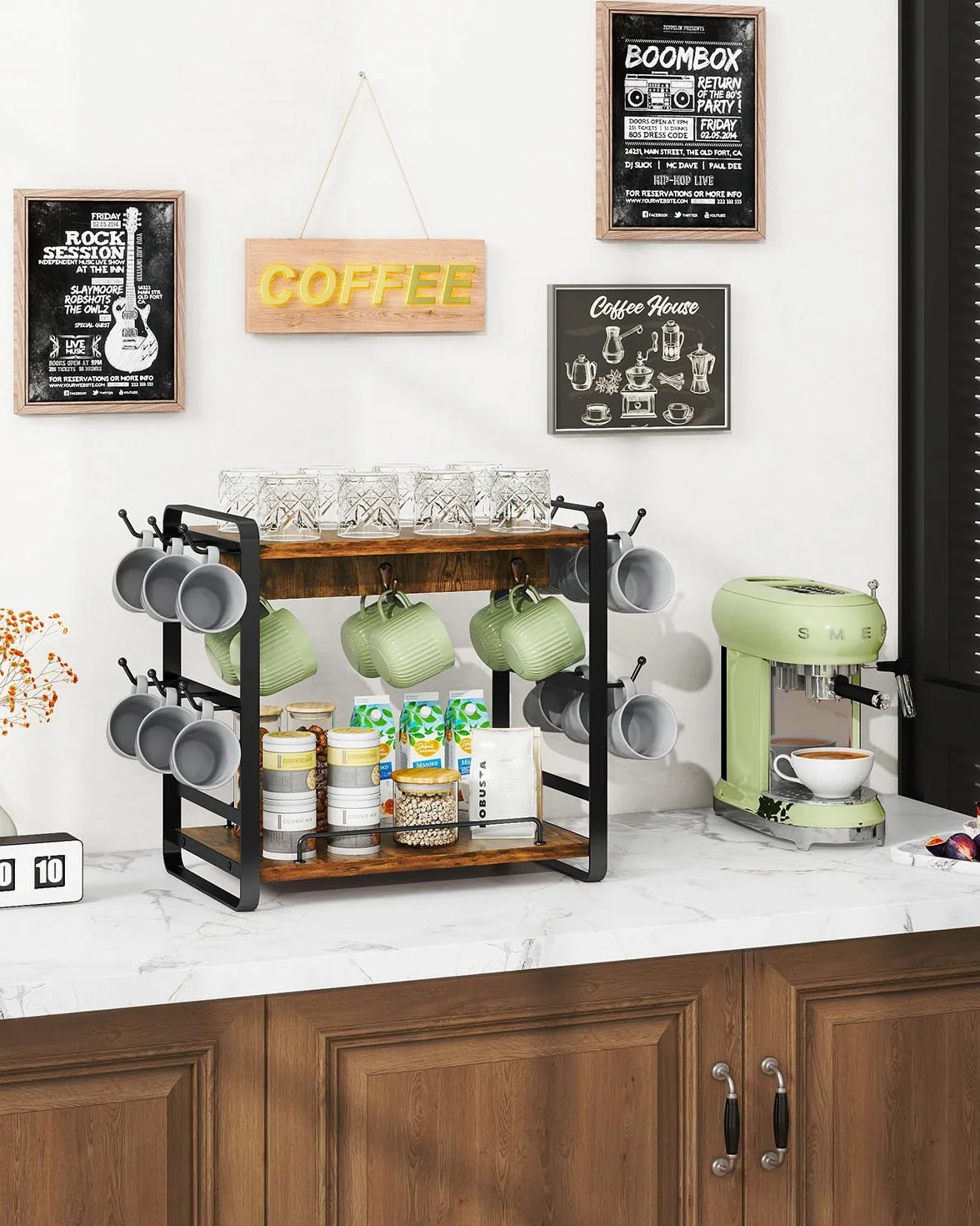 IBUYKE Organizer na blat do baru kawowego, 2-poziomowy stojak na kubek kuchenny, drewniany organizer na kubki do kawy z 14 haczykami, wielofunkcyjne drzewko na kubek do domowej kuchni, biura, brązowy