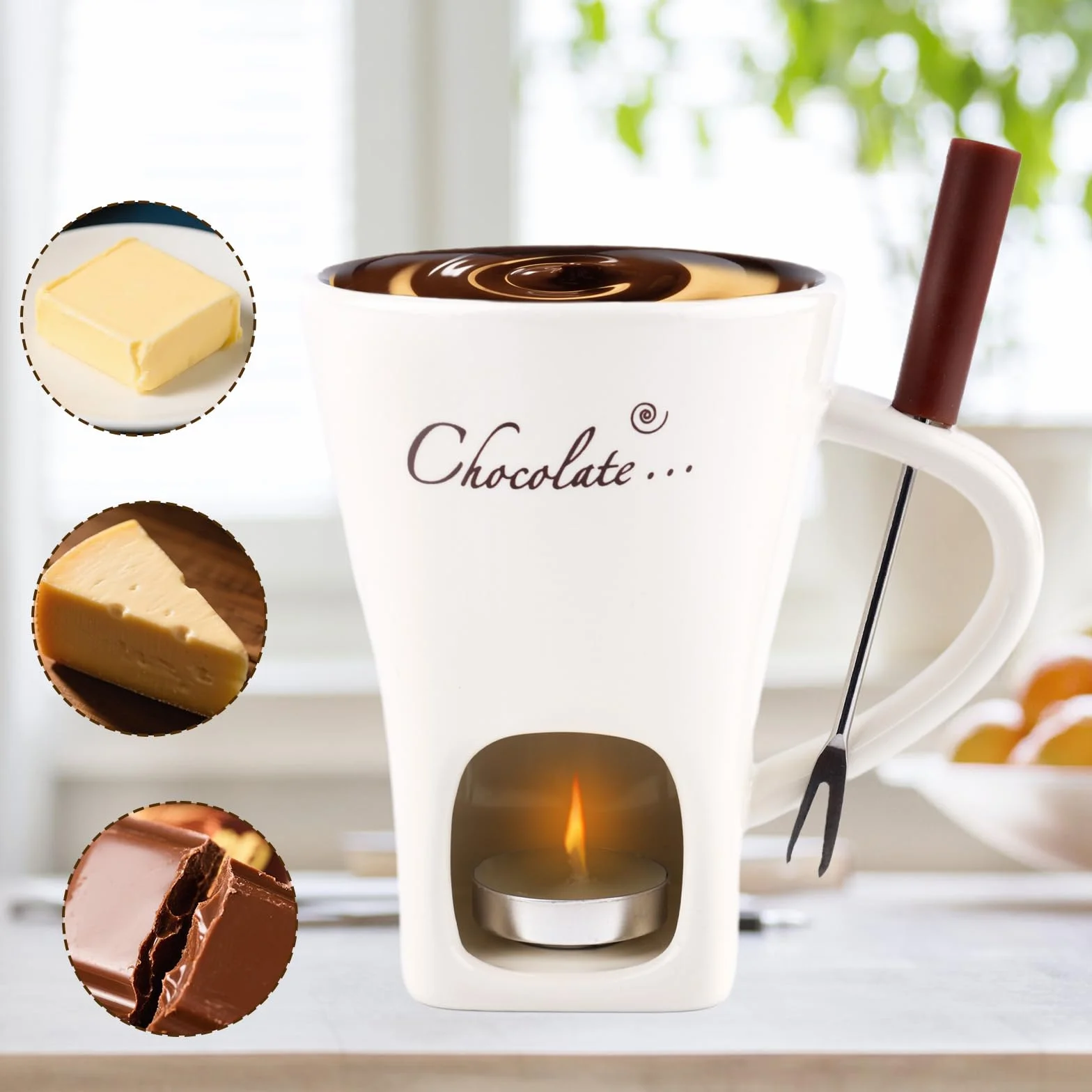 Ceramiczny Zestaw do Fondue Czekoladowego z Podgrzewaczem i Widelcem Biały