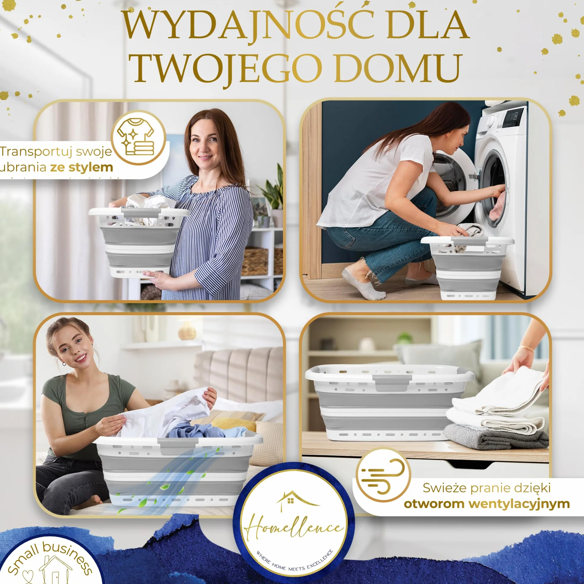 Homellence Składany Kosz na Pranie 42L - Silikonowy Plastikowy Koszyk Wentylowany - 65x40x27/8,5cm Szary