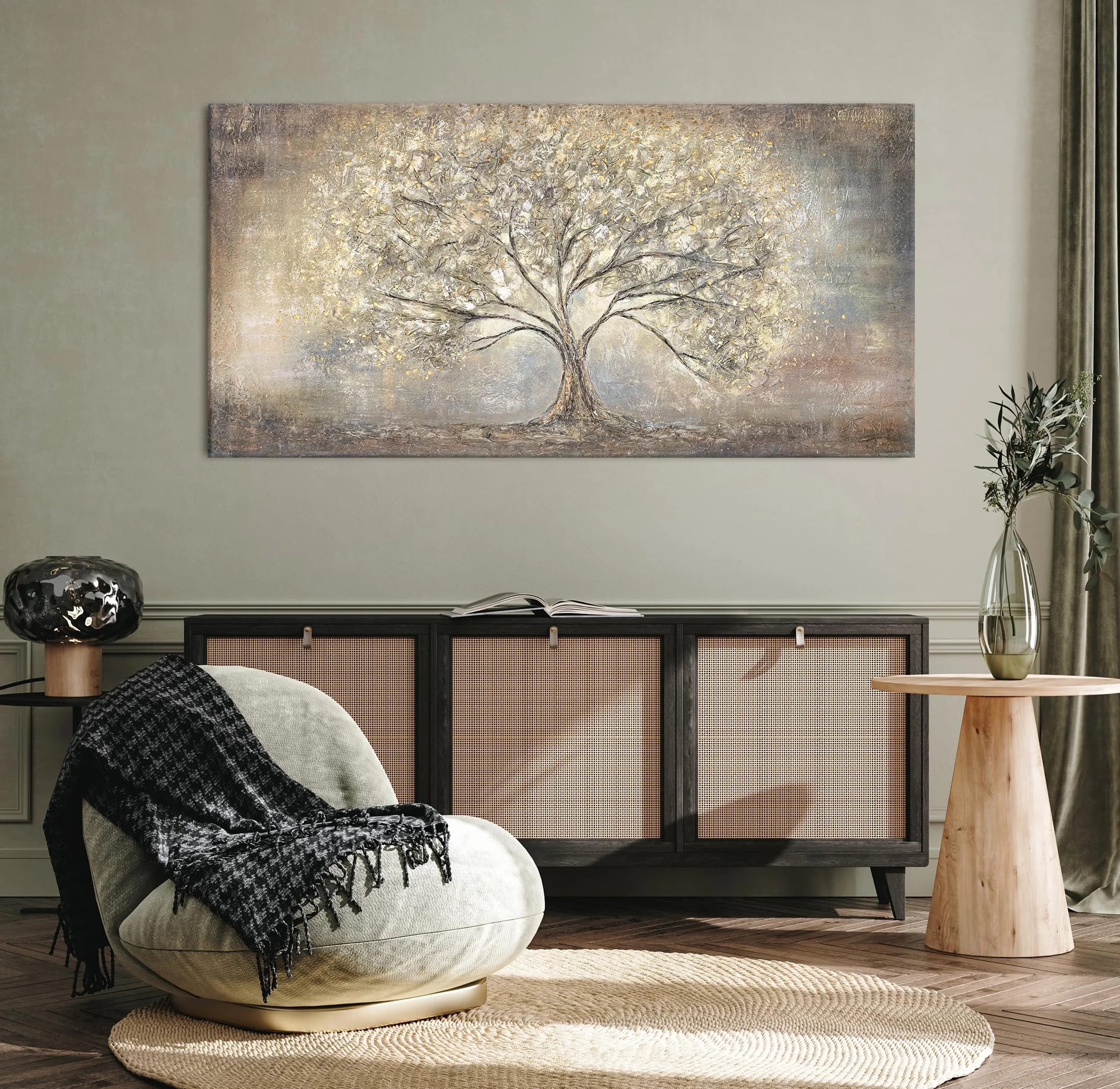 YS -Art Ręcznie malowany obraz akrylowy na płótnie Złote drzewo Złote abstrakcja krajobraz Sztuka ścienna do salonu Nowoczesne dzieło sztuki 122 x 61 cm