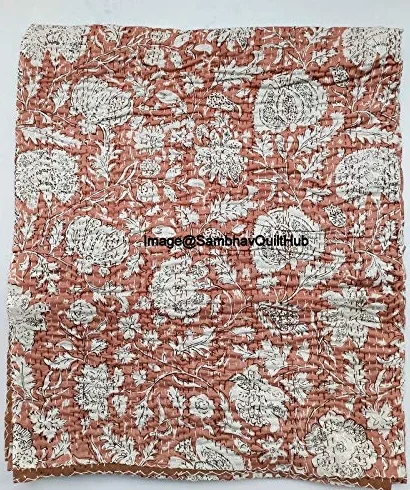 Indyjski blok na rękę, kwiatowy nadruk, ręcznie robiona bawełna Kantha, pikowanie, boho, narzuta, koc, hipisowska królowa, rozmiar king size, boho, blok Kantha, kołdra, 152 x 228 cm