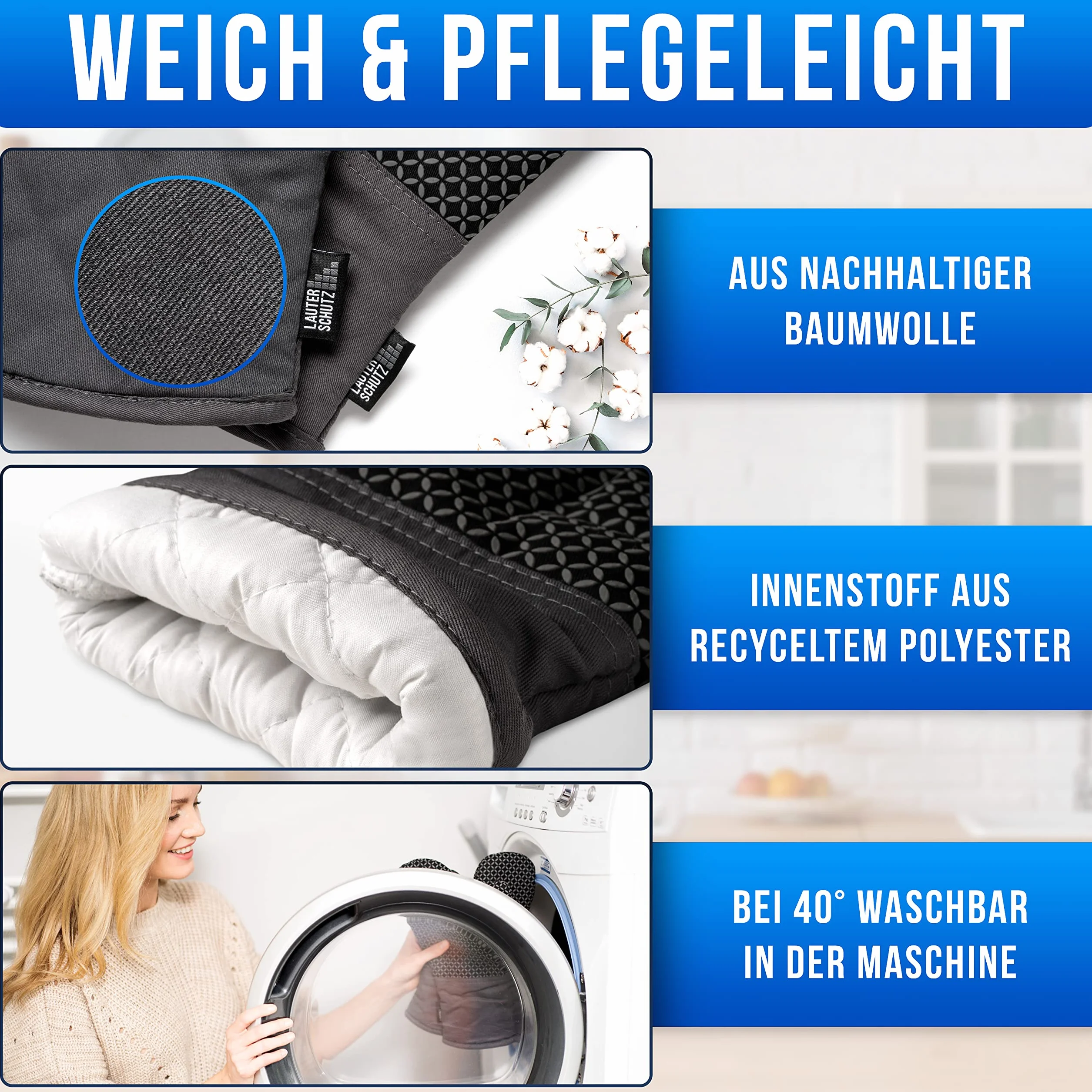LAUTER SCHUTZ ® rękawice kuchenne w parze, z powłoką silikonową zapewniającą optymalną przyczepność i odporność na wysokie temperatury (ciepło kontaktowe: 250°C), nadają się do kuchni i do grillowania (niemiecki producent), kolor zielony.