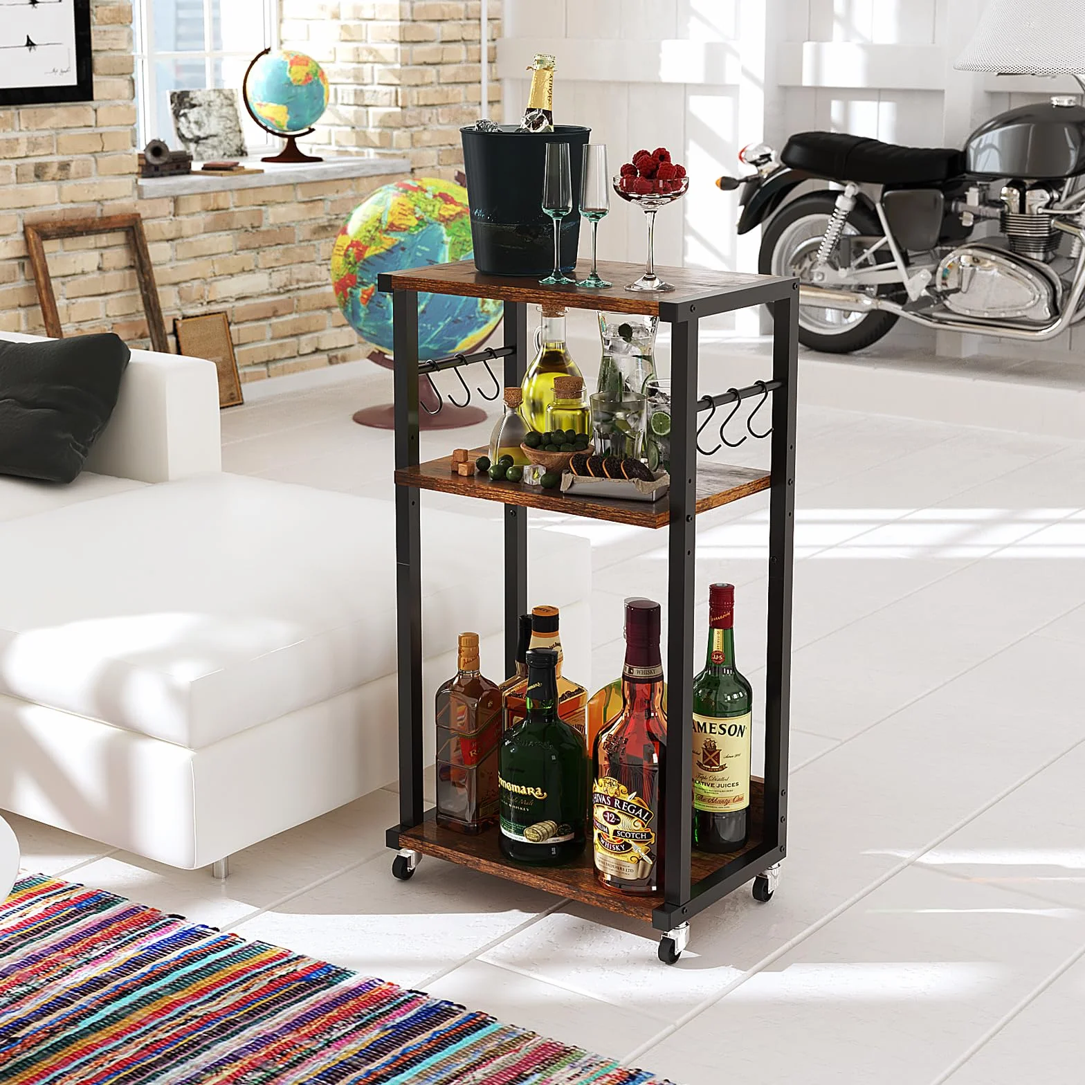 YMYNY HPT002H Mobilny stojak na drukarkę 3-poziomowy wózek pod biurkiem 44 x 30 x 82 cm rustykalny brązowy czarny