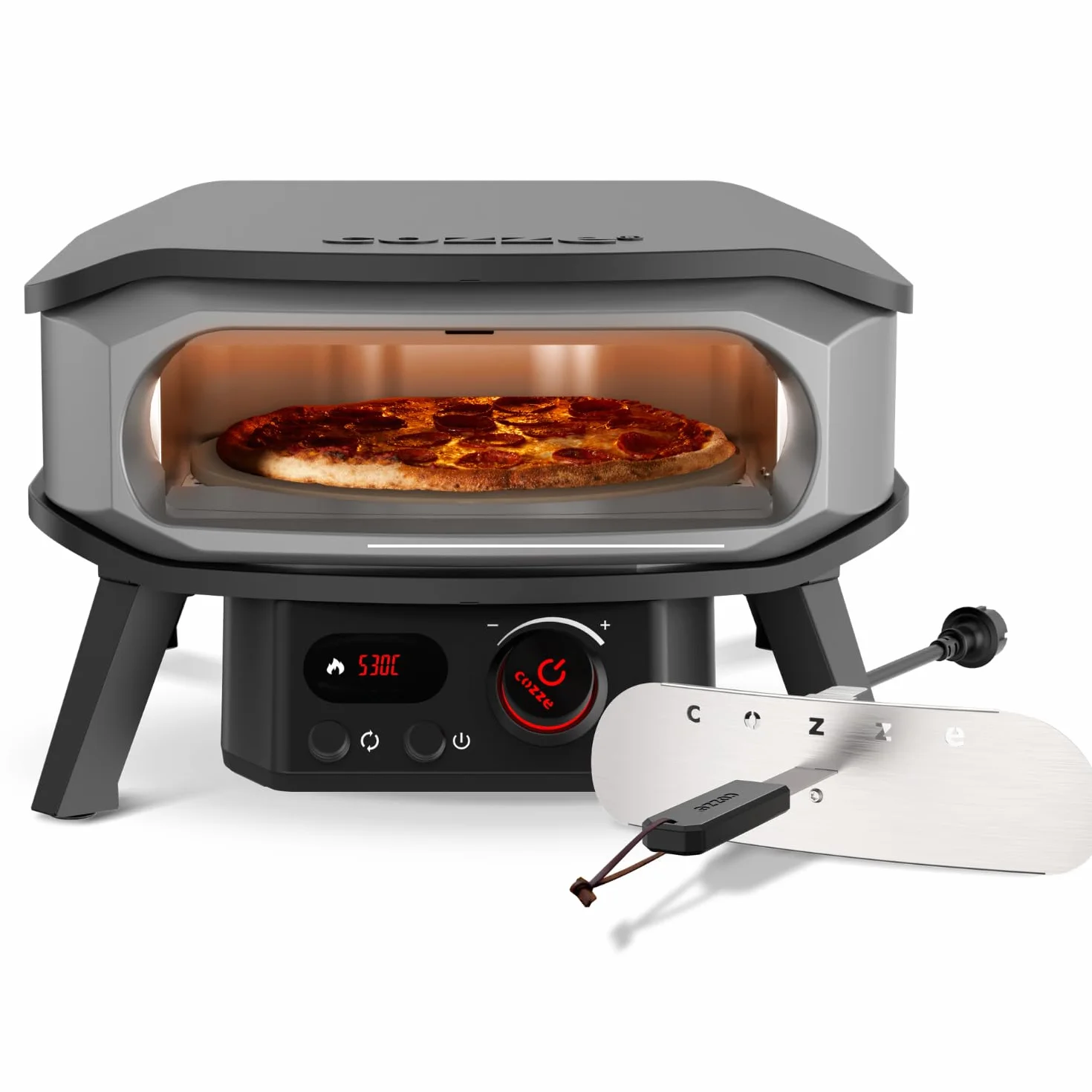 Cozze® Piec do pizzy elektryczny 13” PREMIUM ROTATE 230V 2200W + drzwi, obrotowy kamień kordierytowy 34,5 cm, panel cyfrowy LED, pizza do Ø34 cm