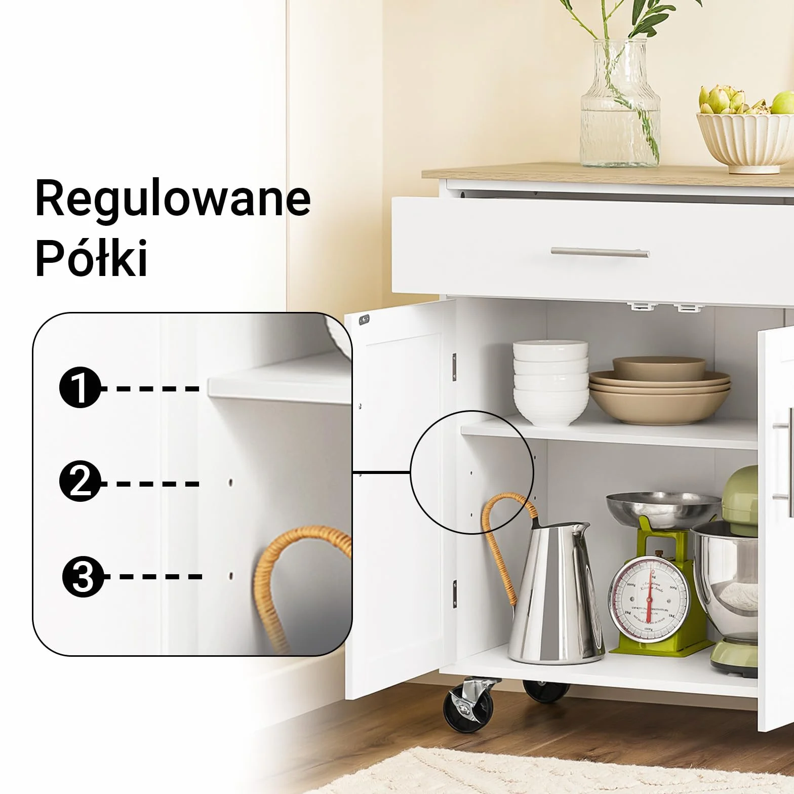SoBuy Wyspa Kuchenna na Kółkach Mobilny Wózek Kuchenny z Szufladą Regulowaną Półką Biały 99x40x85 cm FKW133-WN