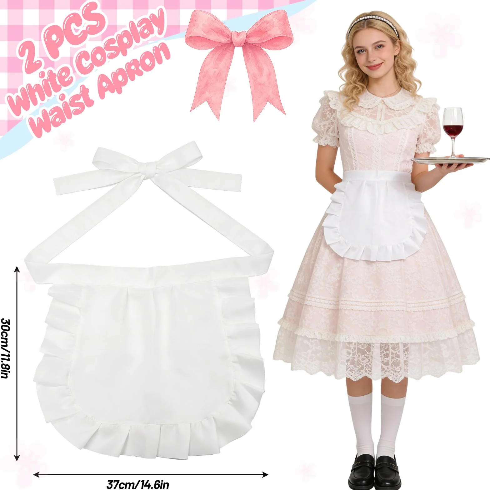 2 szt. Fartuch damski w talii, fartuch pokojówki, biały fartuch z falbankami dla panny młodej, średnie fartuchy dla pokojówki, do cosplay, kawiarni, odgrywania ról