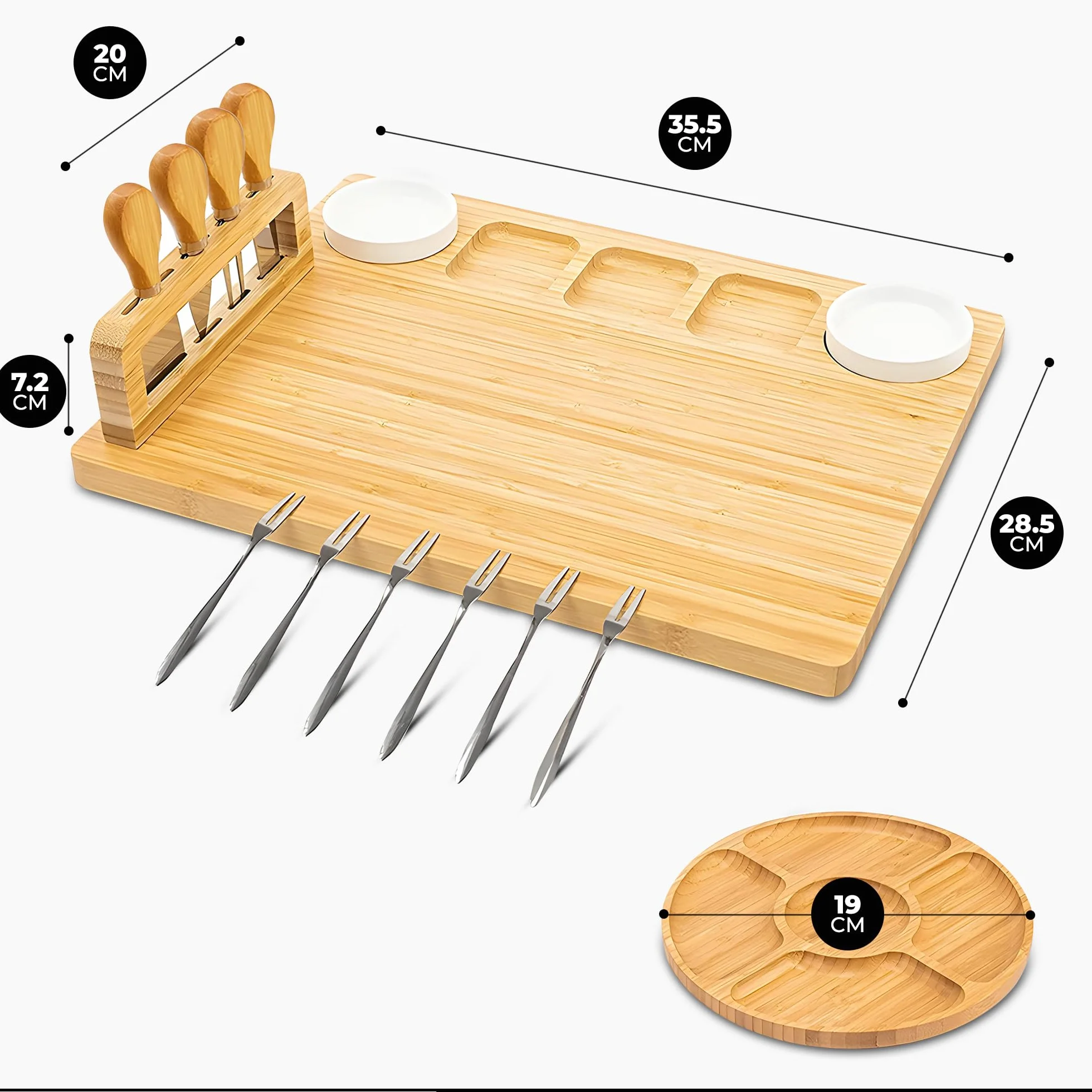 Zestaw Bambusowych Desek Do Serów Z Nożami I Widelcami – Drewniana Deska Wędlin Z Dodatkową Tacą Serwowania | Półmisek Do Tapas, Owoców I Mięsa