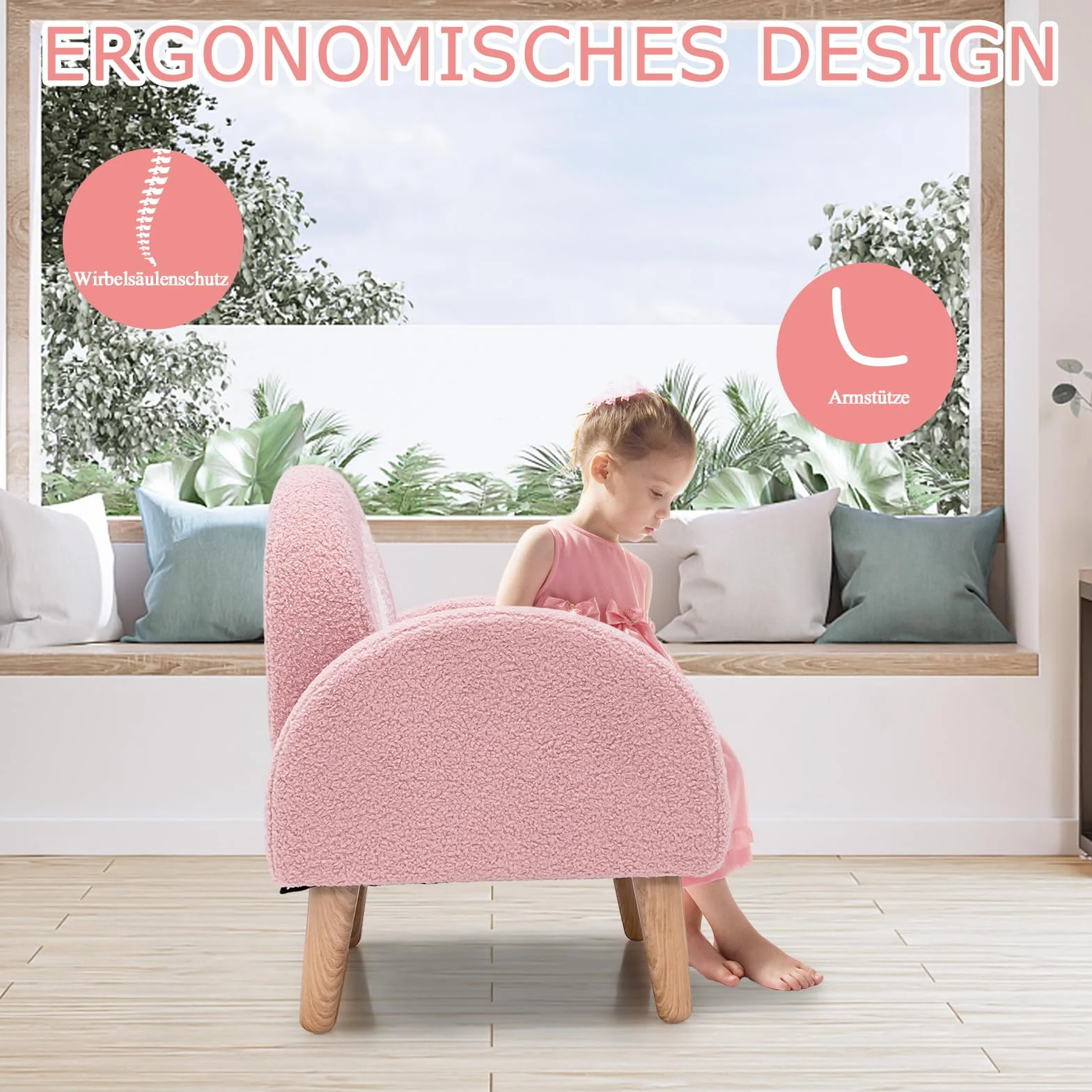 COSTWAY Krzesło dziecięce dla małych dzieci, wyściełana sofa dziecięca z nogami z litego drewna, kanapa dziecięca krzesło dziecięce do pokoju dziecięcego, pokoju zabaw i żłobka (krzesło sofa, różowe)