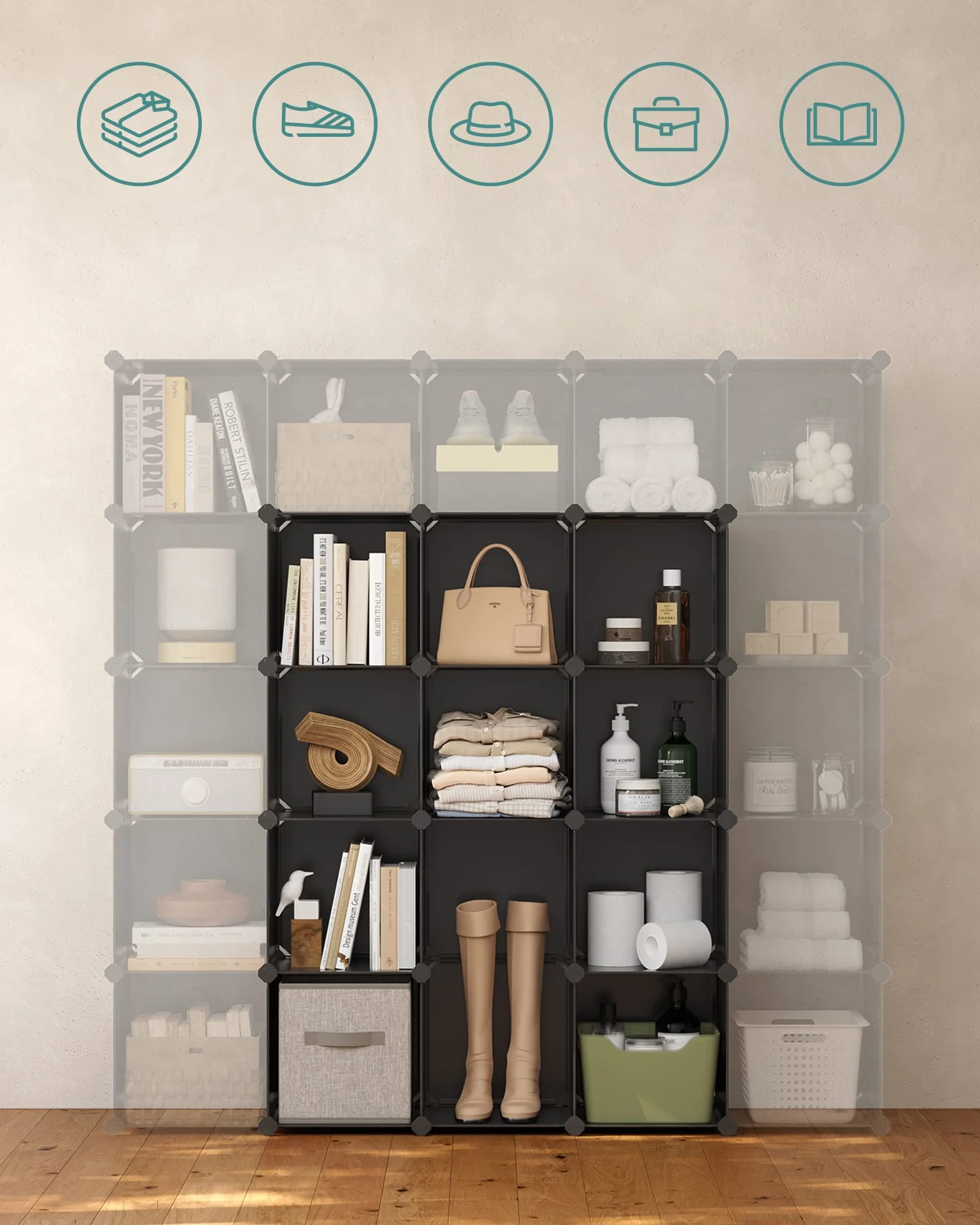 SONGMICS Modułowa szafka na buty 16 kostek 31 x 123 x 123 cm czarna LPC44BK