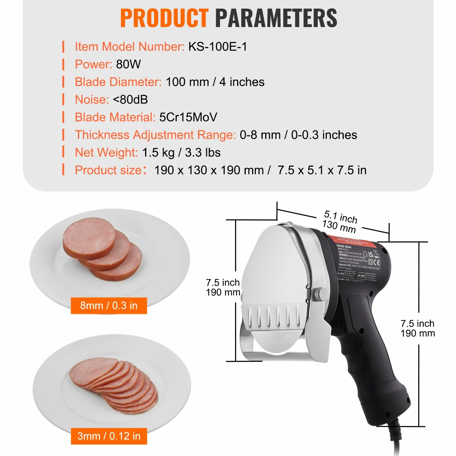 VEVOR Elektryczny nóż do kebabu 80 W, turecka krajalnica do mięsa Shawarma Döner Kebab ze stali nierdzewnej, nóż do żyroskopu z 2 ostrzami o średnicy 100 mm, regulowana grubość 0-8 mm, do restauracji,