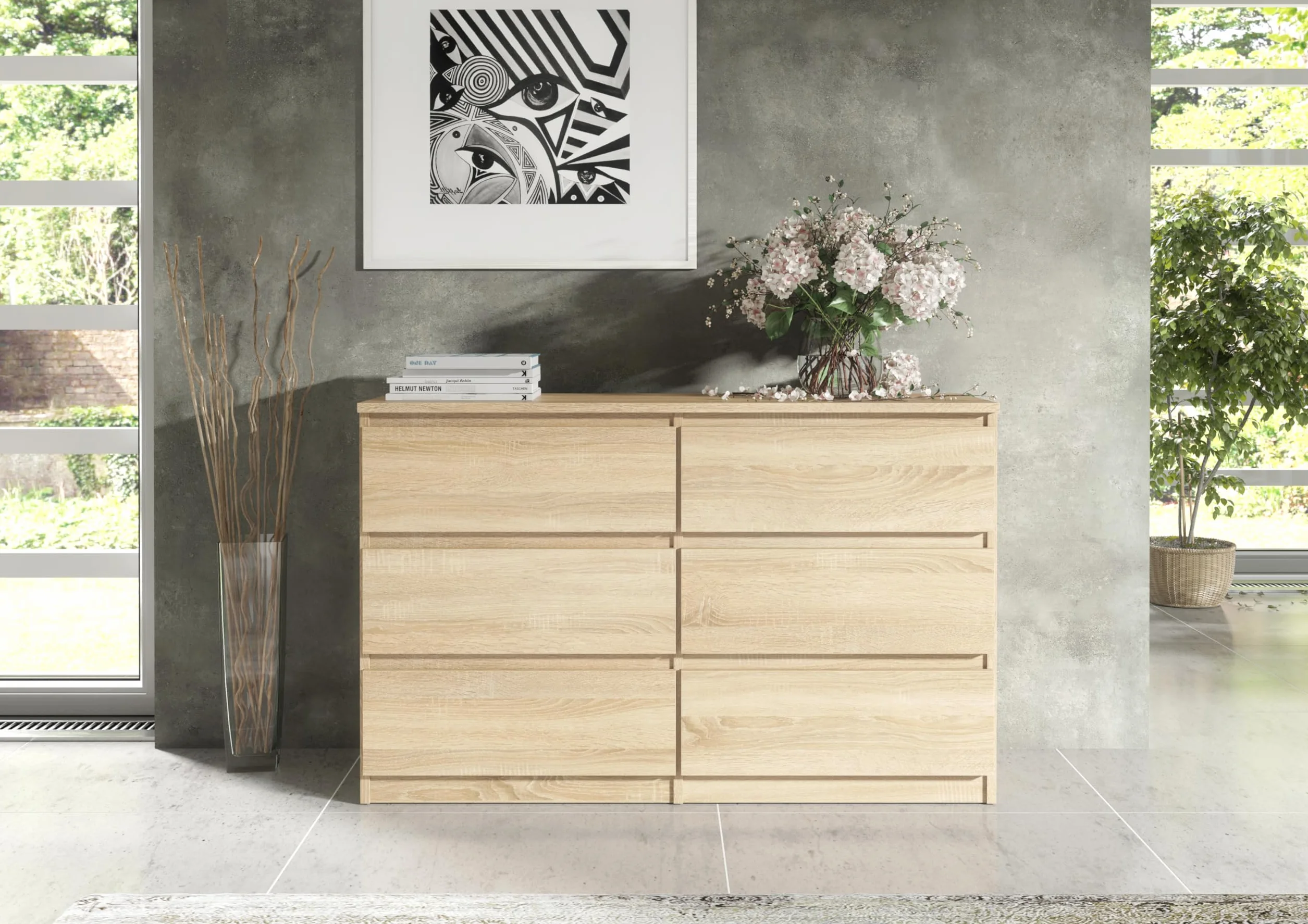 Meble Masztalerz Komoda Dąb Sonoma Mat 6 szuflad 138,6x78,5x39 cm do salonu sypialni