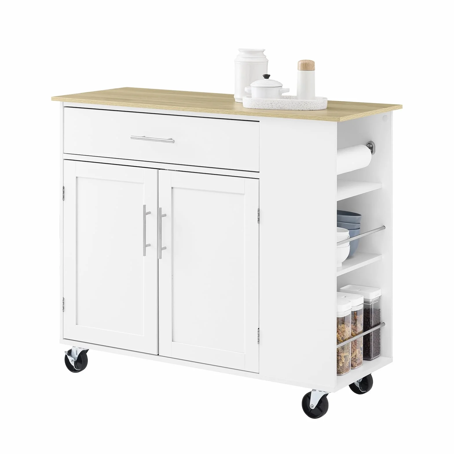 SoBuy Wyspa Kuchenna na Kółkach Mobilny Wózek Kuchenny z Szufladą Regulowaną Półką Biały 99x40x85 cm FKW133-WN