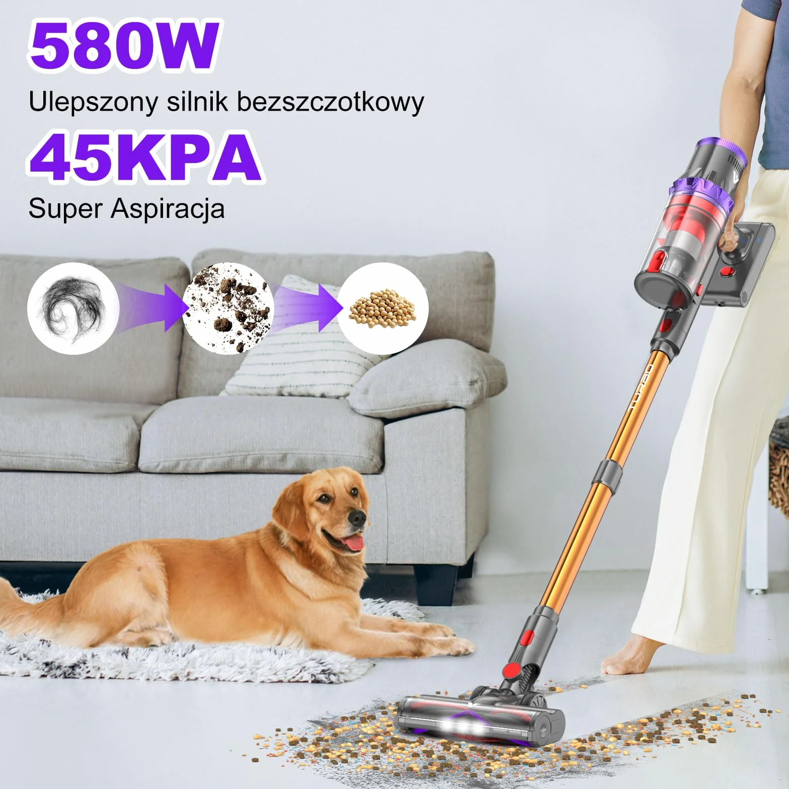 coovy SU7 Odkurzacz Akumulatorowy 580W/45Kpa/70Min, Ekrany Dotykowe LED, 1.3 L Bezprzewodowy Odkurzacz Antysplątaniowy, do Podłóg/Dywany/Sierści Zwierząt