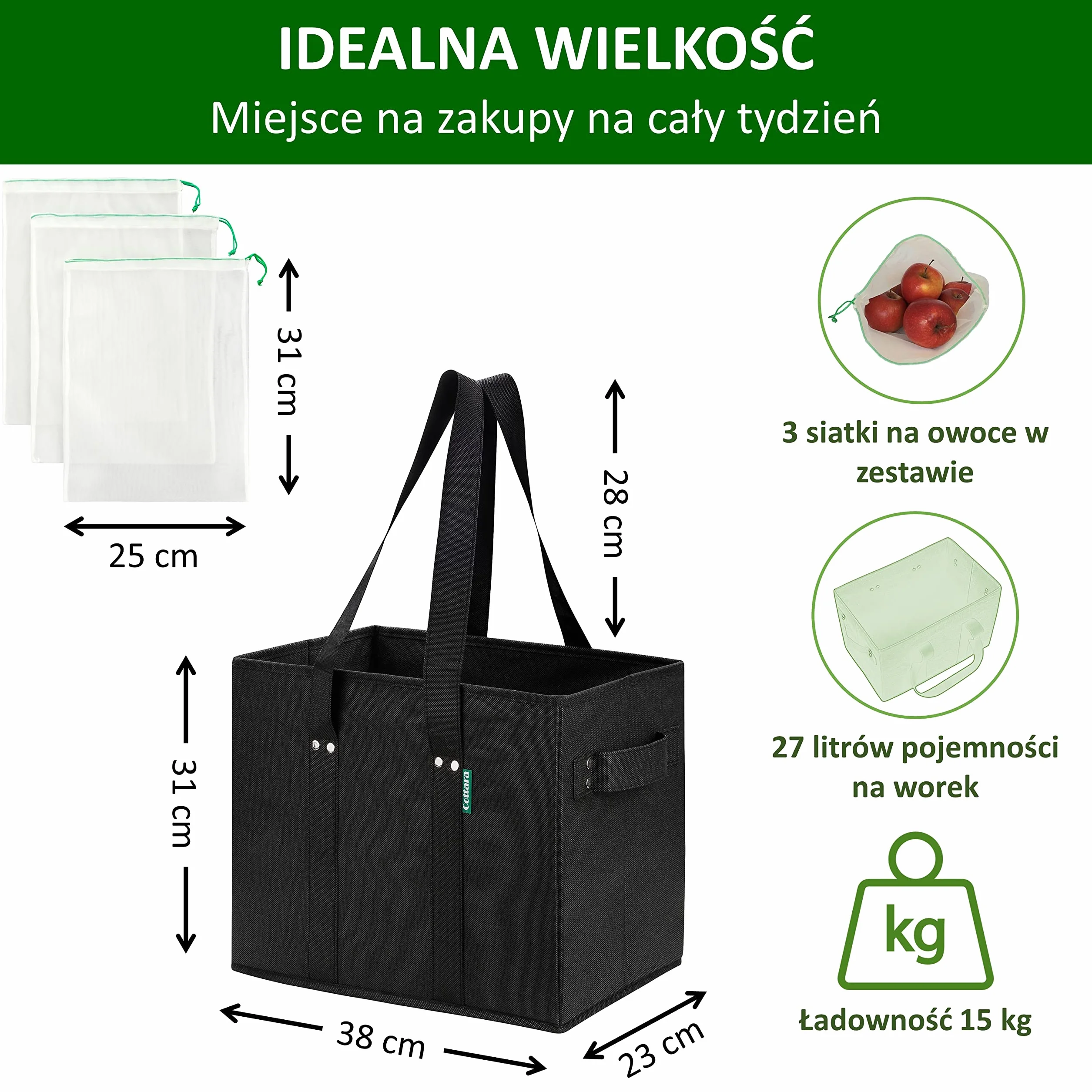 COTTARA Torba na zakupy premium, składana, 3 sztuki – stabilny kosz na zakupy wielokrotnego użytku ze składanym wzmocnionym dnem, w zestawie 3 x siatka na owoce i warzywa – 38 x 23 x 31 cm, szara