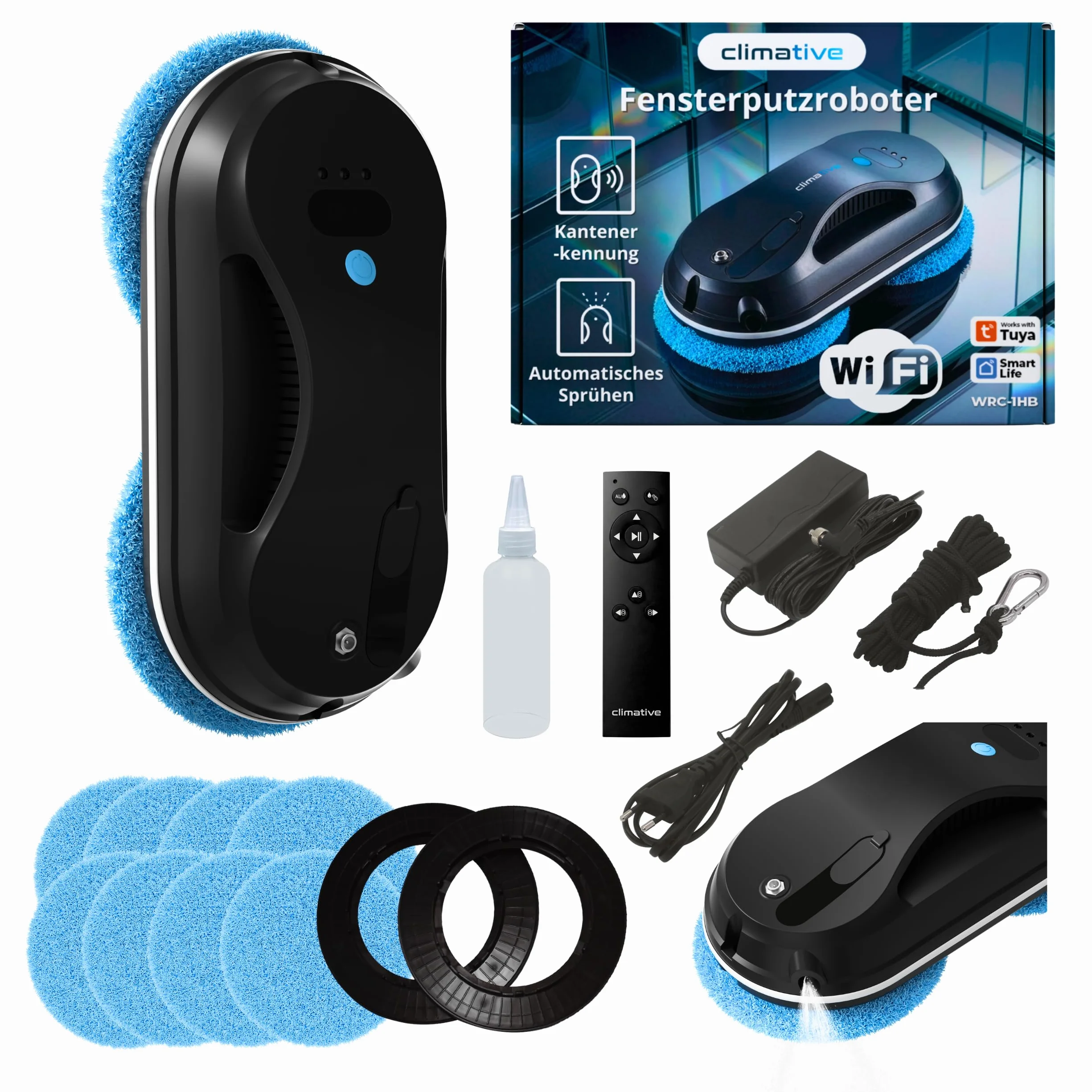 Robot do mycia szyb 6600 Pa WiFi pilot, myjka do okien z funkcją spryskiwania, zestaw 10 nakładek