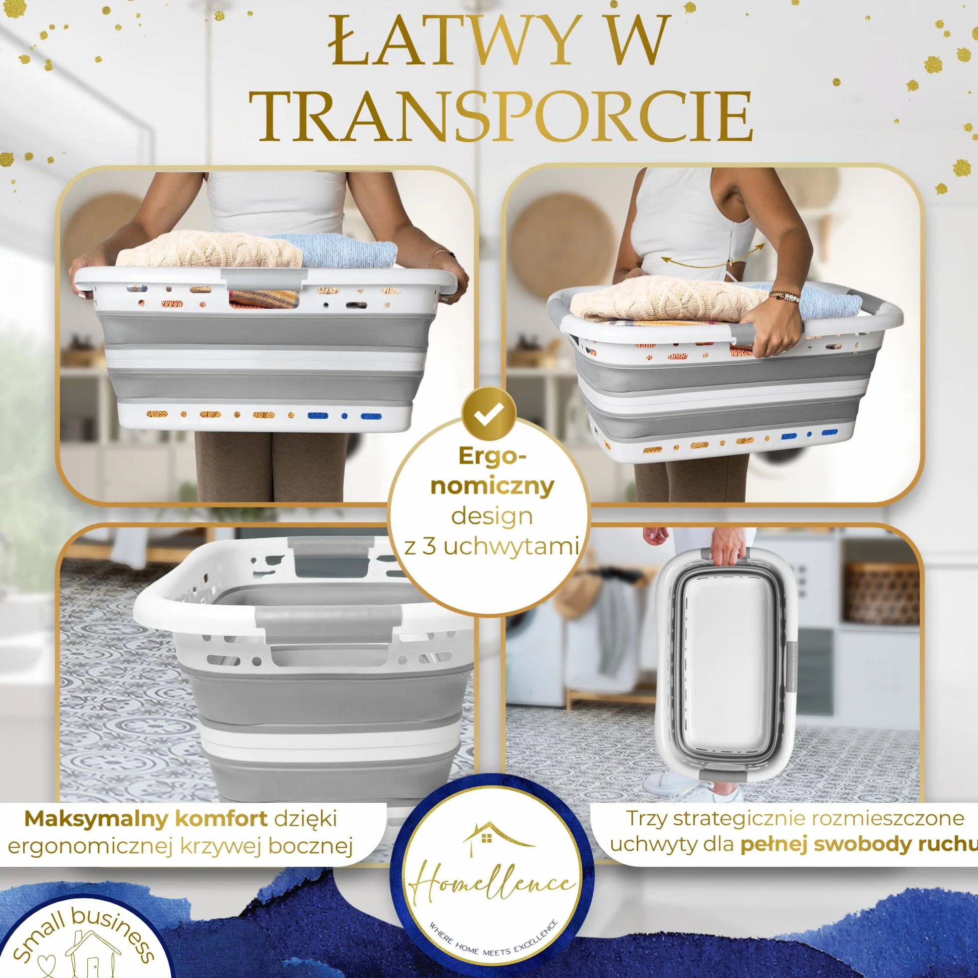Homellence Składany Kosz na Pranie 42L - Silikonowy Plastikowy Koszyk Wentylowany - 65x40x27/8,5cm Szary