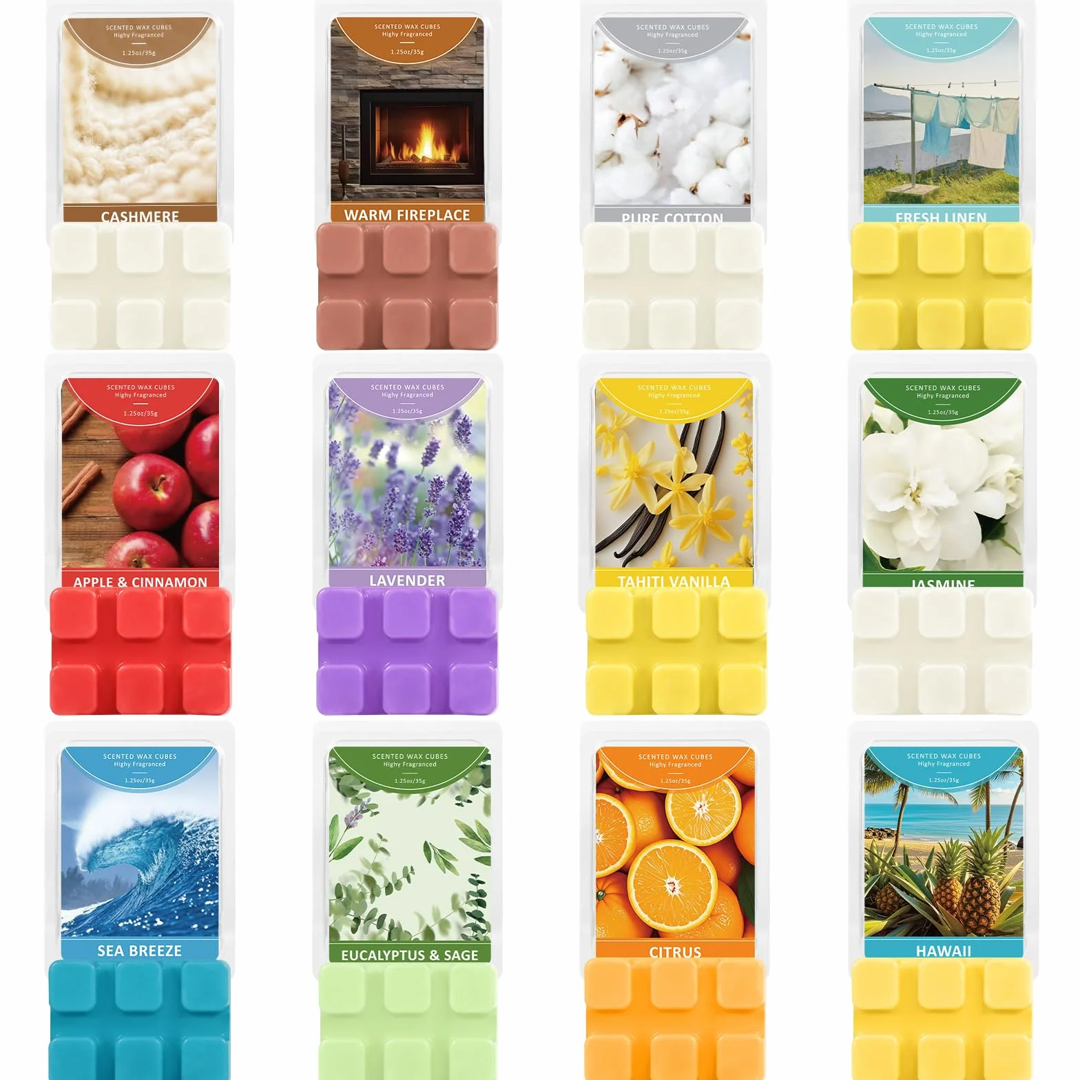 SCENTORINI Wosk zapachowy do topnienia, kostki wosku zapachowego, 12 aromatów, 35 g naturalny wosk sojowy bloki z olejków eterycznych, zapachowe kostki wosku do domu, łazienki, Amb