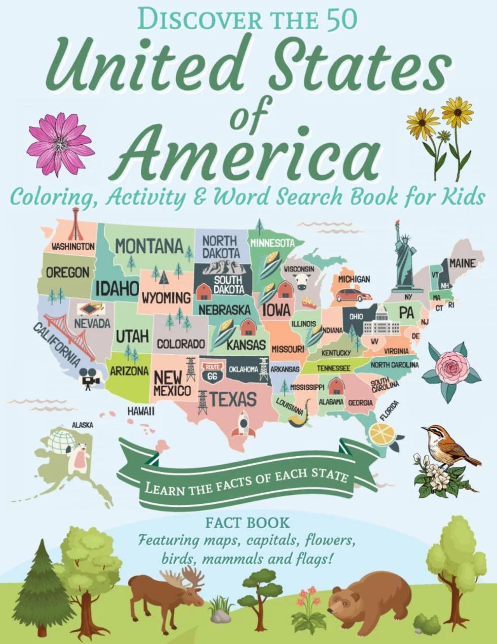 50 United States of America Coloring & Activity Book: State Maps, Capitals, Flags, Birds, Mammals