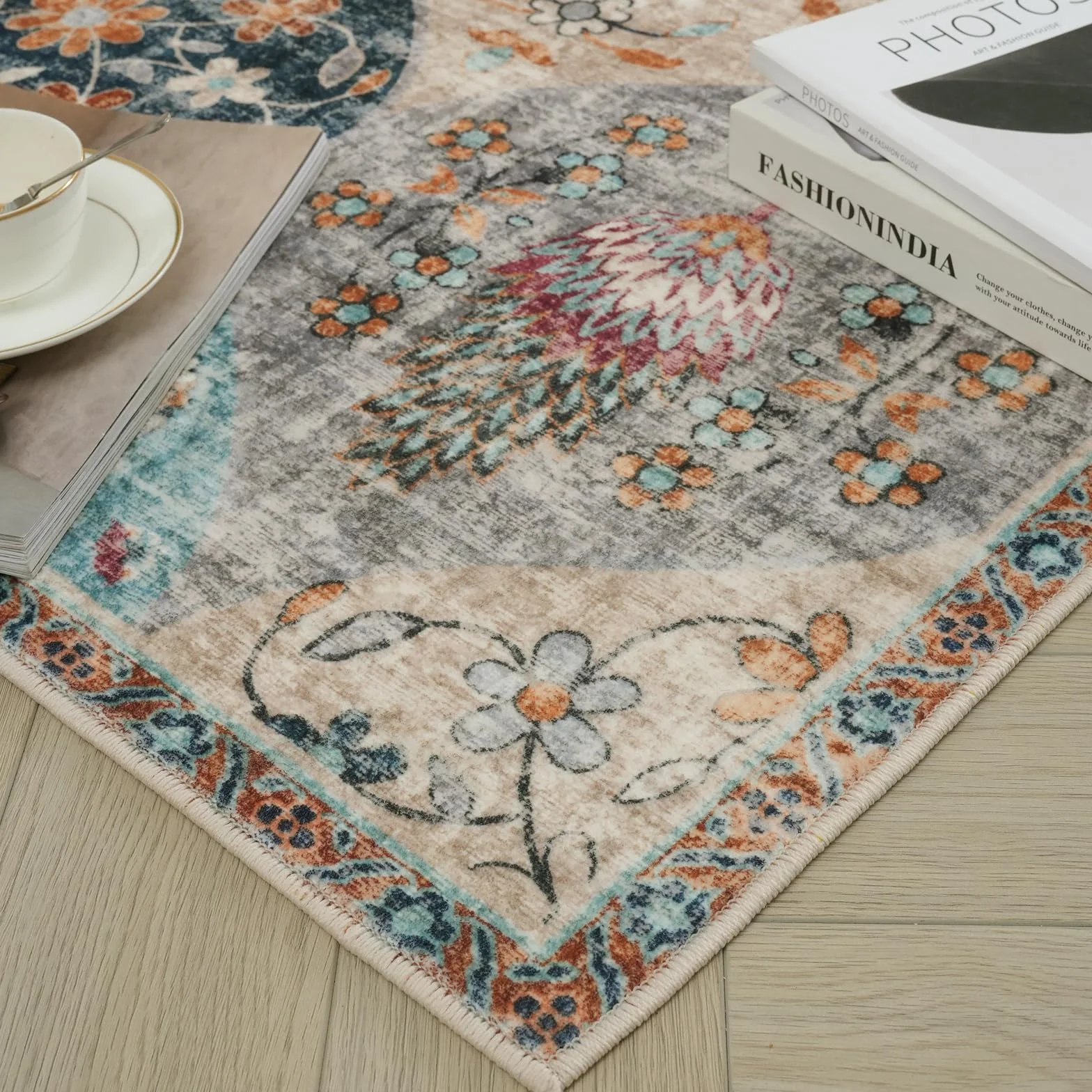 Xfrog Dywan w kwiaty boho - Antypoślizgowy, nadaje się do prania, ultramiękki, antyczny dywan płaski z niskim runem do salonu, sypialni, pokoju dziecięcego – 200 x 300 cm