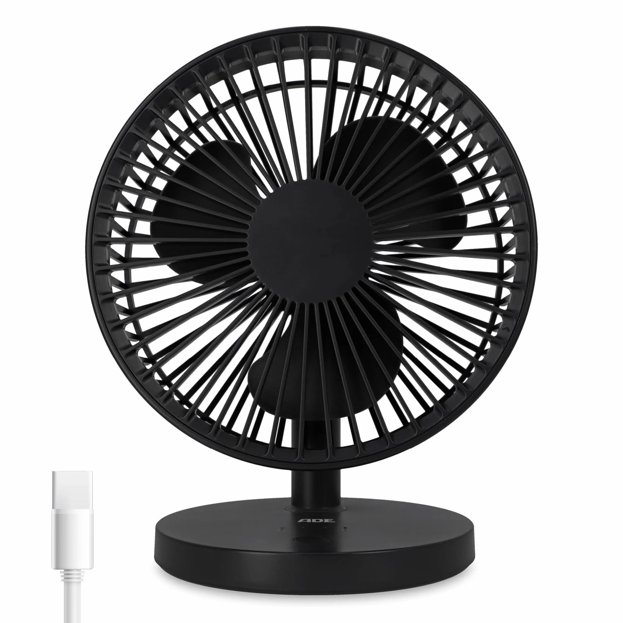 ADE Bardzo cichy wentylator stołowy USB, 3 stopnie pracy, akumulator do 7,5 h, 2000 mAh, kąt nachylenia 90°, lekki i elastyczny, antracyt