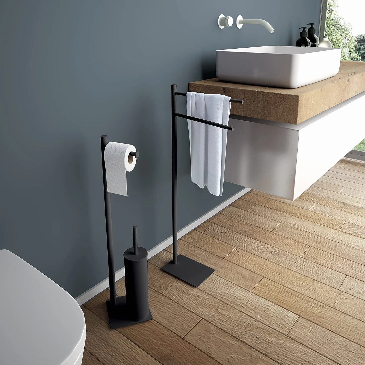 Gedy G-Seul Kolumna Drzwi Rolka + Szczotka Łazienka Czarny 62,8x14x14 cm Zestaw WC Stal Nierdzewna Cromall 4mm