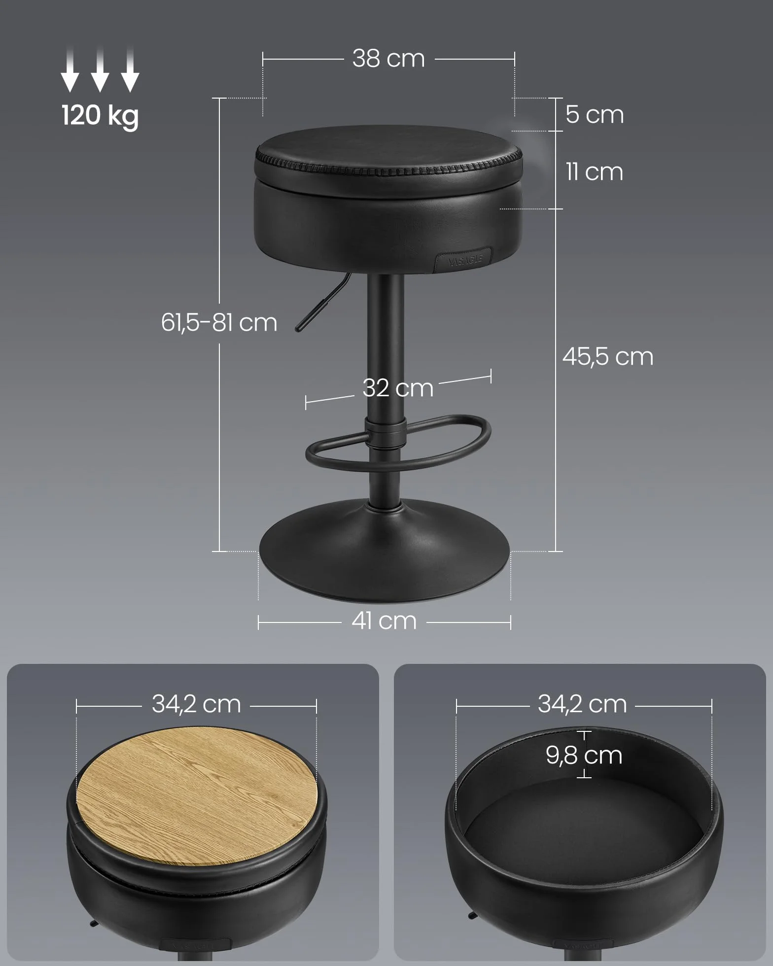 VASAGLE EKHO Collection stołek barowy obrotowy 360°, regulowana wysokość, PU ze szwami, nowoczesny styl, tusz czarny