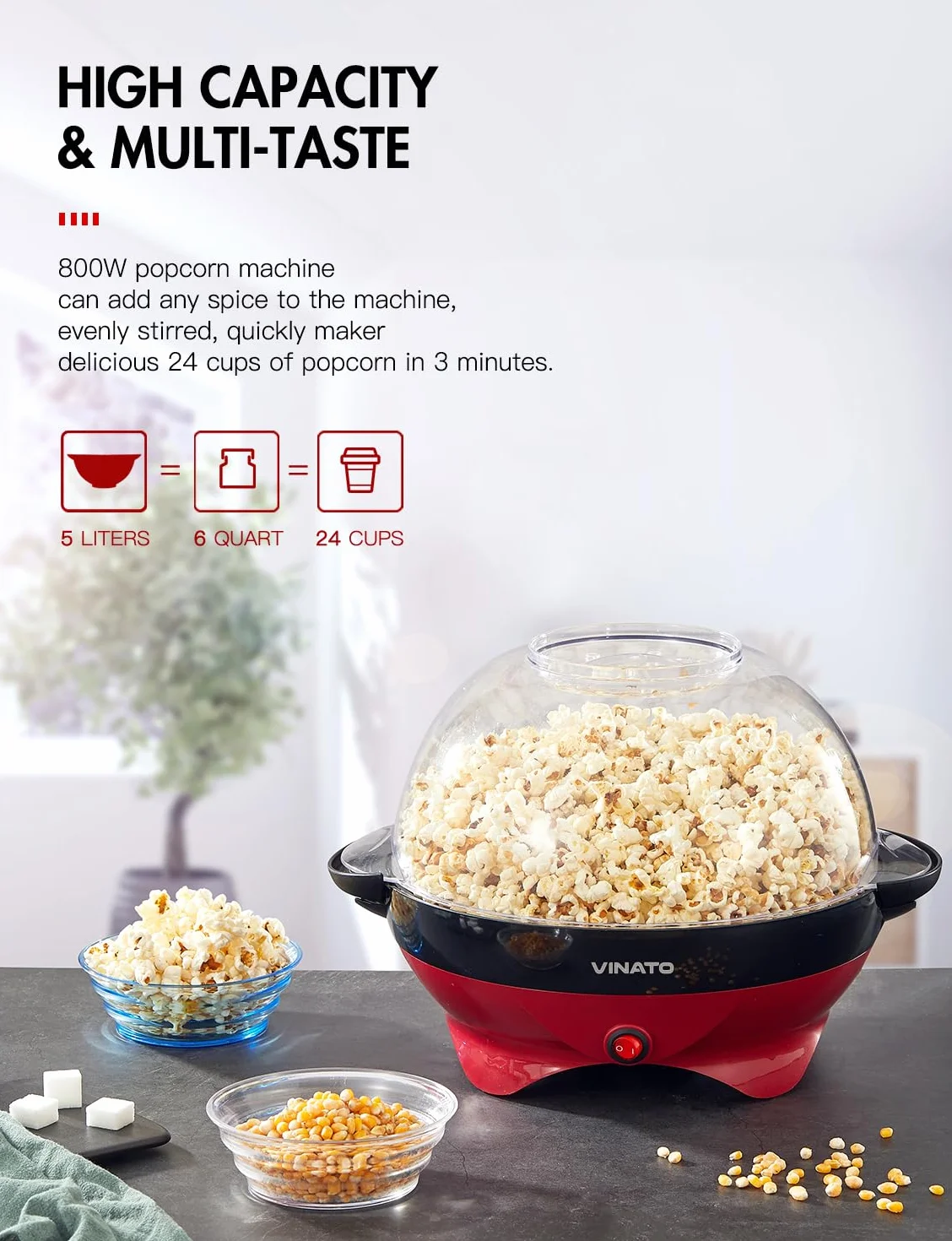 VINATO Maszyna do popcornu 5 l, z powłoką zapobiegającą przywieraniu, zdejmowana powierzchnia
