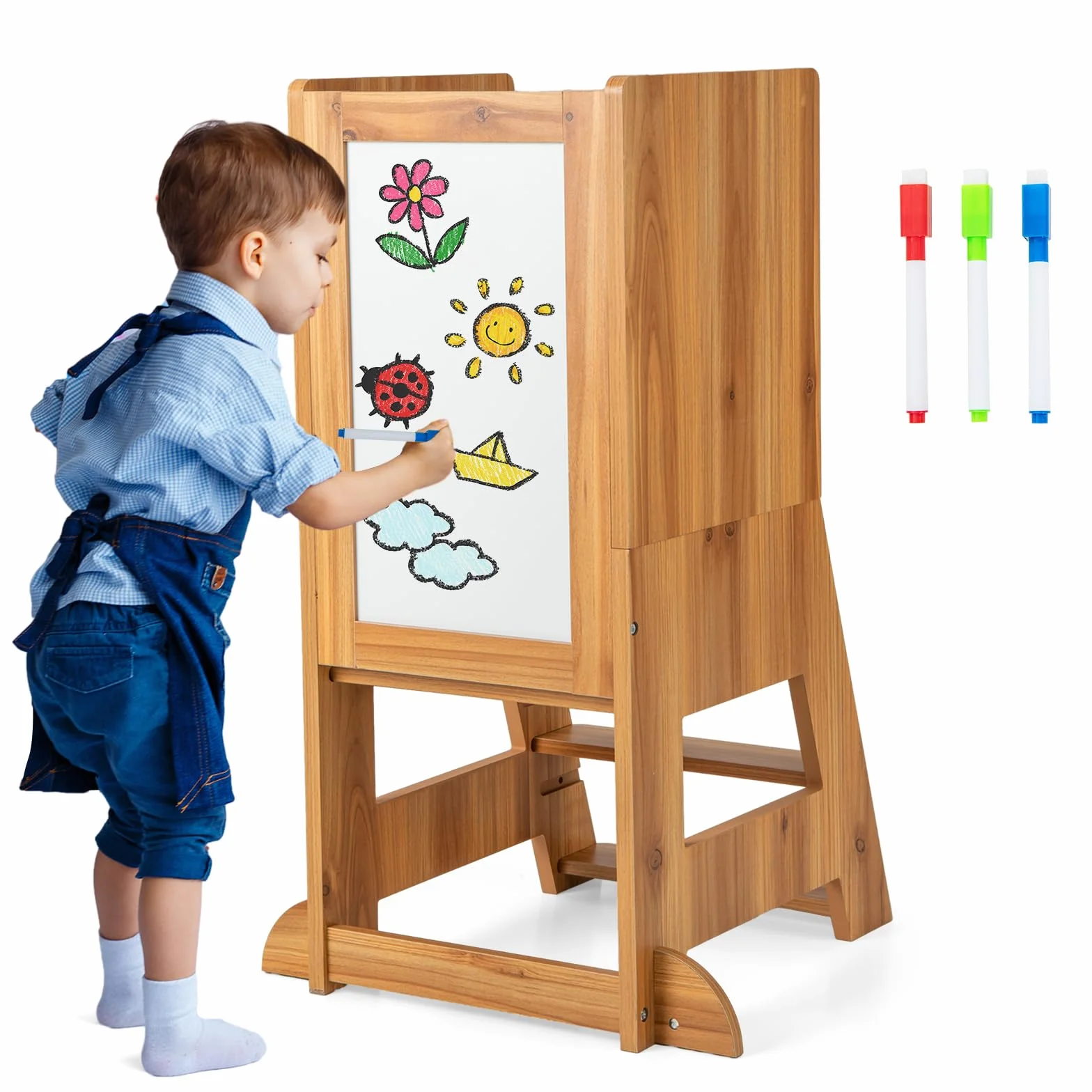 FANTASK Wieża edukacyjna 3 w 1 z drewna, pomocnik kuchenny dla dzieci z regulacją wysokości