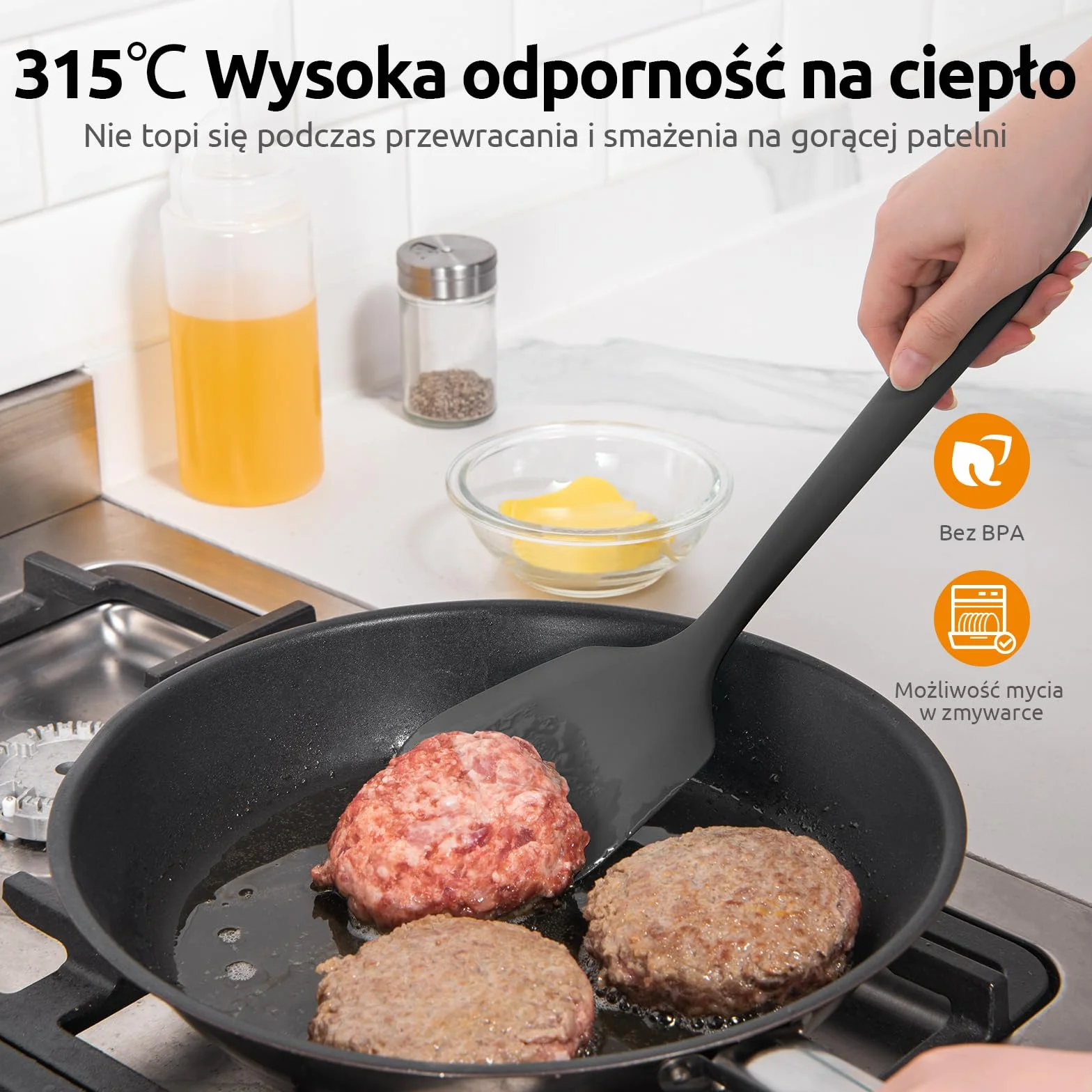 U-Taste Bardzo długa silikonowa szpatułka: odporna na ciepło 315 ℃, solidna i szczelinowa szpatułka kuchenna, łopatka do gotowania do smażenia naleśników rybnych (Czarny, 2 sztuki)