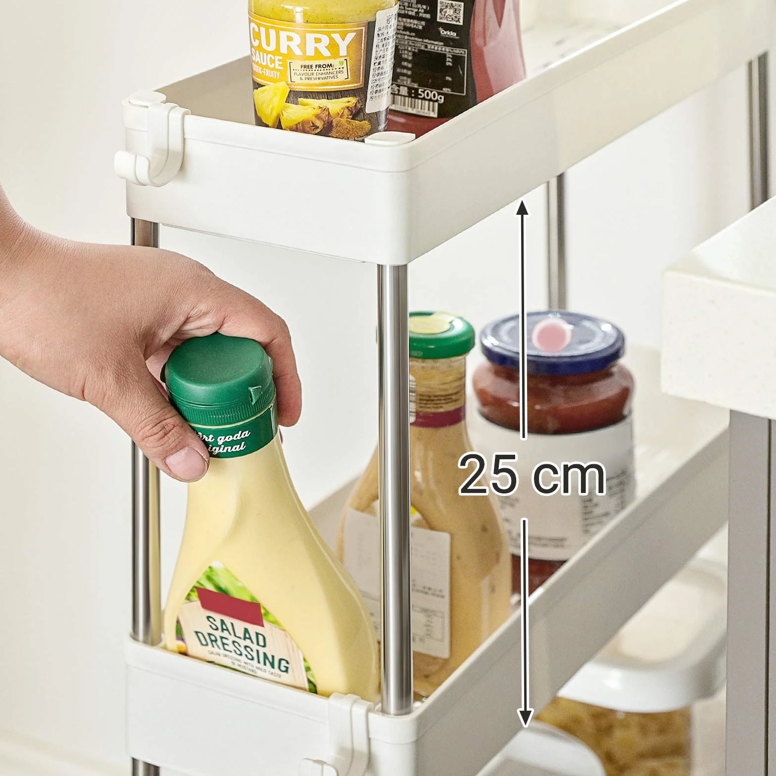 SONGMICS Wózek, wózek kuchenny z 3 poziomami, półka kuchenna, półka niszowa, z 6 hakami, kółka obrotowe 360°, zamykana, stalowa rama, łazienka, kuchnia, biuro, biały KSC007W01