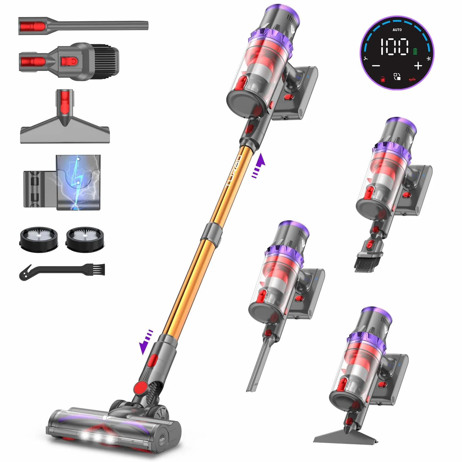coovy SU7 Odkurzacz Akumulatorowy 580W/45Kpa/70Min, Ekrany Dotykowe LED, 1.3 L Bezprzewodowy Odkurzacz Antysplątaniowy, do Podłóg/Dywany/Sierści Zwierząt