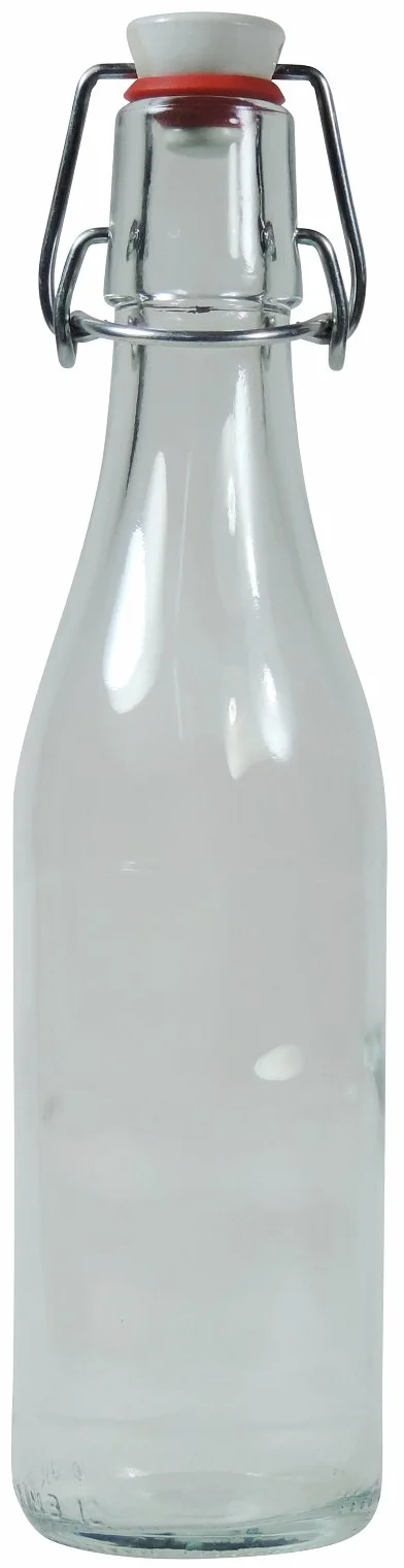 Viva Haushaltswaren - 2 x mała szklana butelka o pojemności 330 ml pusta z zamknięciem pałąkowym z porcelany do napełniania, jako przezroczysta butelka na sok i olej (w zestawie 2 etykiety)