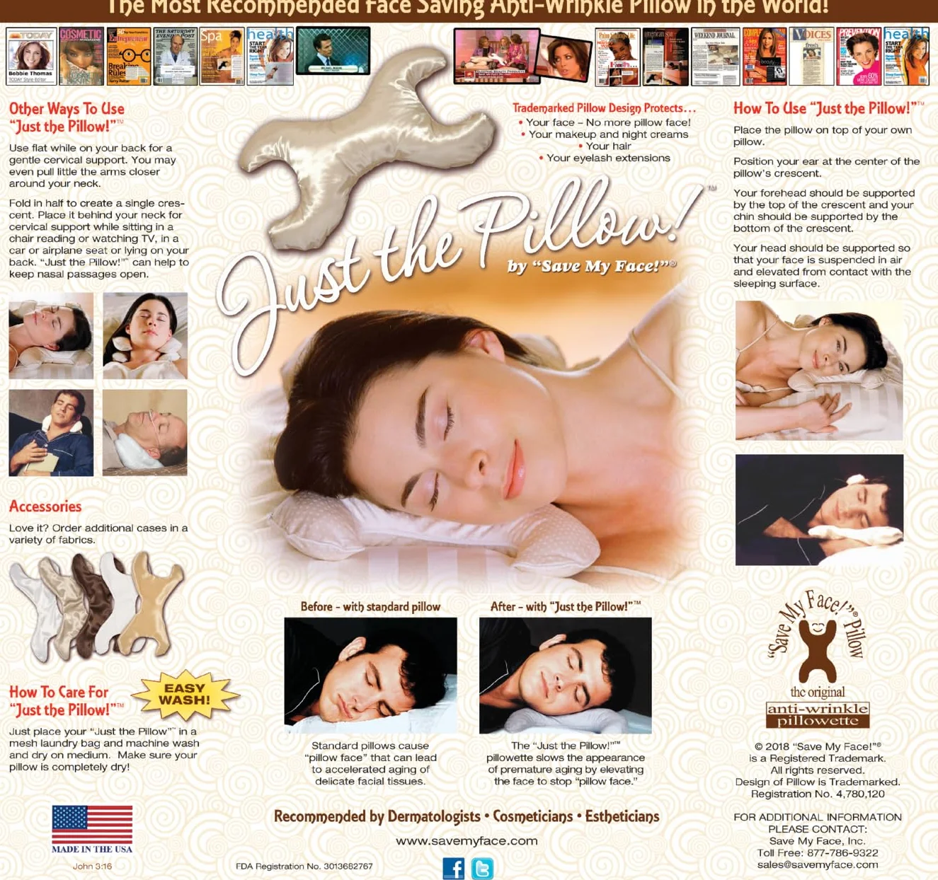 Save My Face! Original Anti-Wrinkle Pillowette Satin White La Petite Size Down Alternative Fill