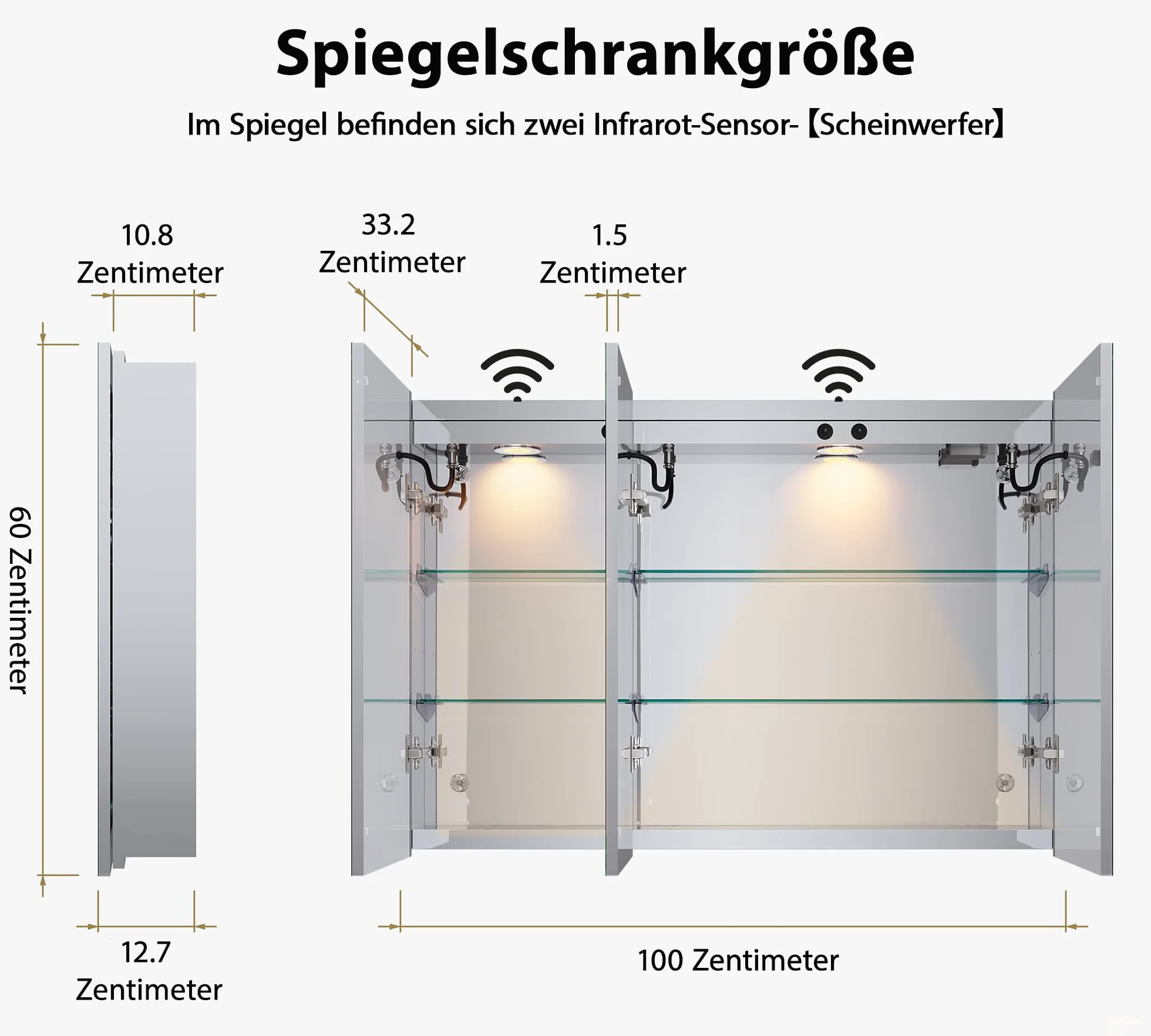 Szafka łazienkowa z lustrem z oświetleniem, 100 x 60 x 13 cm, gniazdko 3-drzwiowe LED, szafka z lustrem z przełącznikiem dotykowym, 3 regulowane kolory światła, bez zaparowania, łazienka