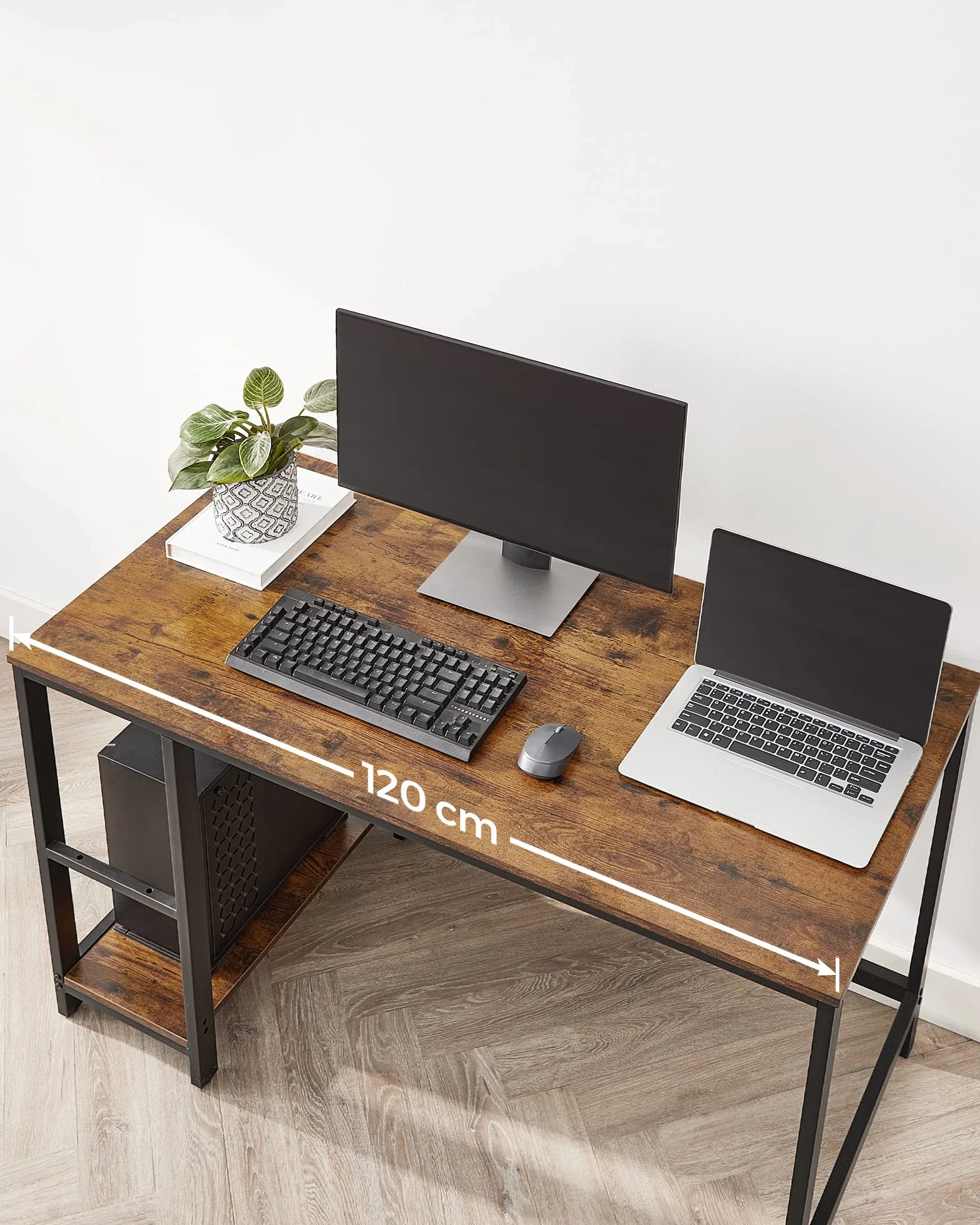 VASAGLE Biurko, stolik komputerowy, stolik pod PC, biurko, 120 x 60 x 76 cm, z 2 półkami po prawej lub lewej stronie, 120 x 60 x 75 cm, do biura, salonu, stalowa rama, brązowo-czarny vintage LWD47X