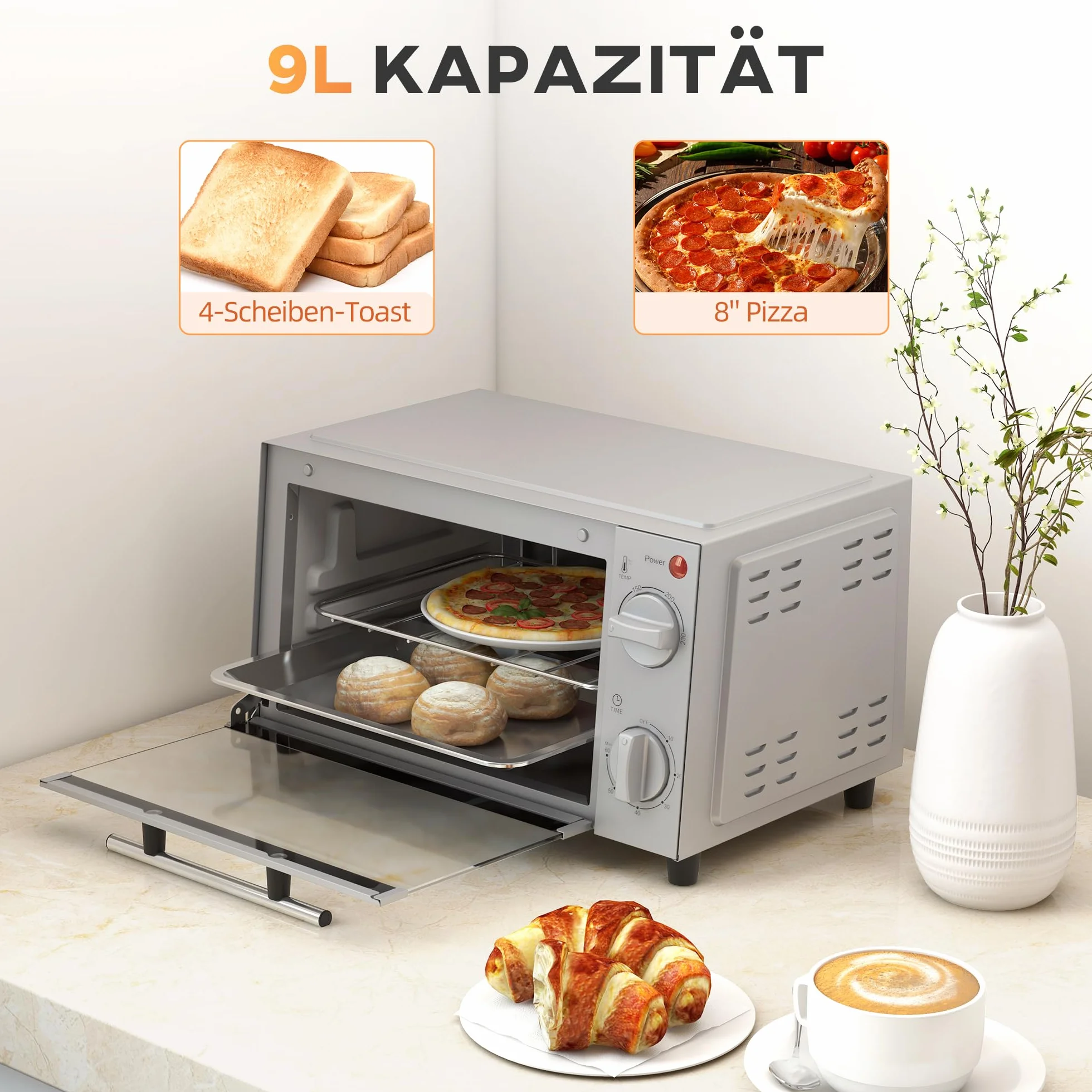 HOMCOM Mini piekarnik 9 l 750 W 100-230°C timer 60 min srebrny