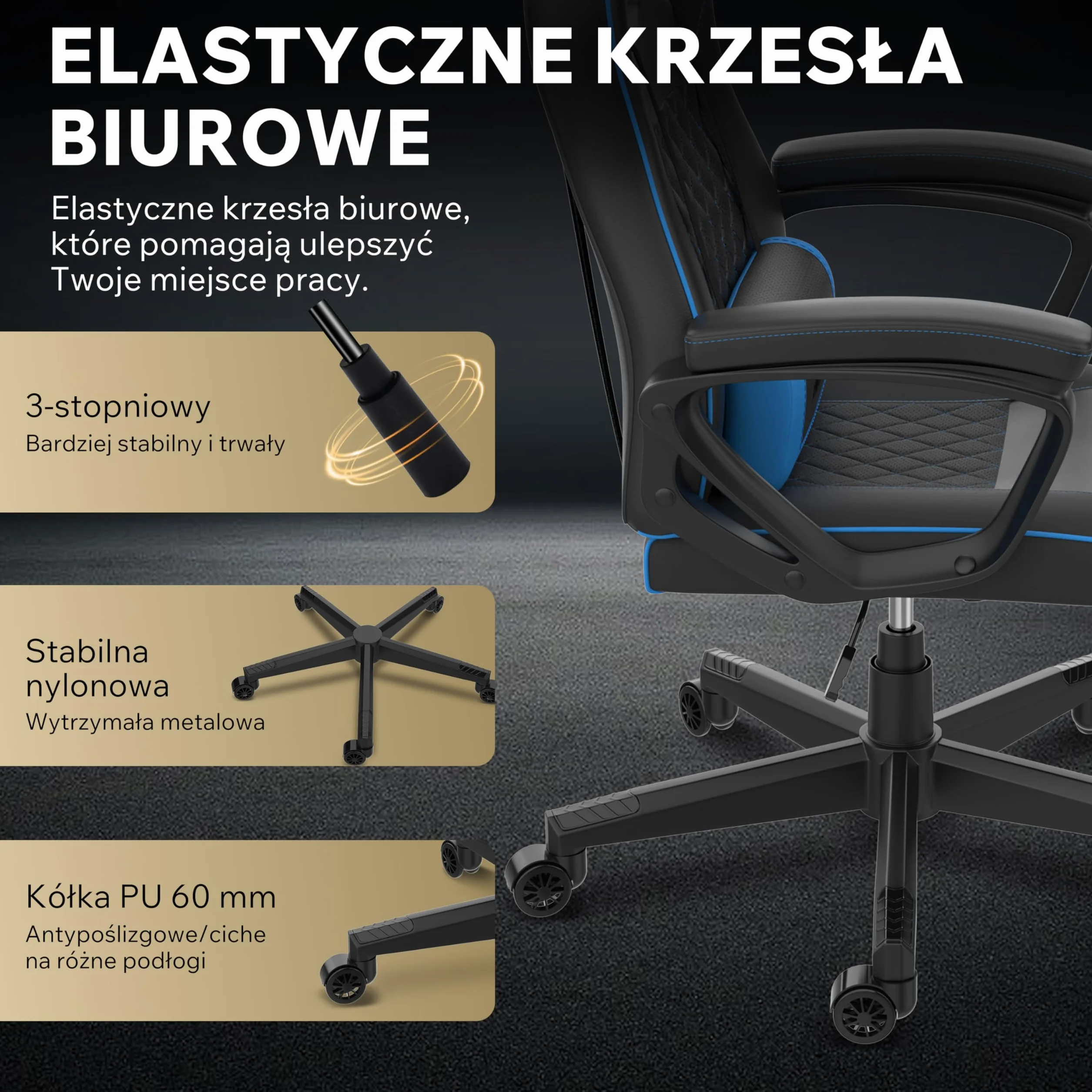 SENSE7 Knight ergonomiczny fotel gamingowy z regulowaną poduszką lędźwiową, skóra PU, do 120 kg, czarno-niebieski