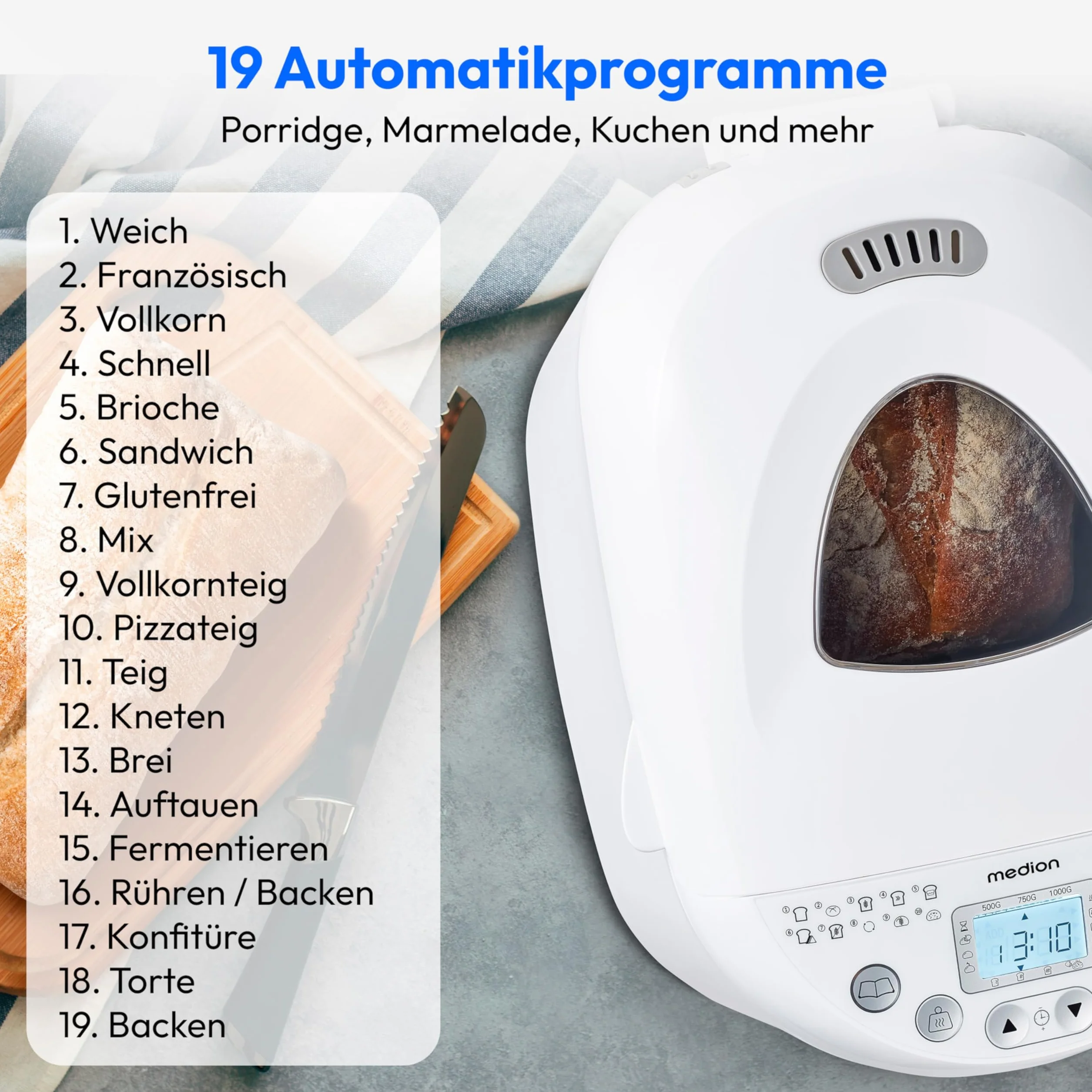 MEDION Wypiekacz do chleba (wypiekacz do chleba, 550 W, do 1000 g, 19 programów pieczenia, 3 stopnie brązowienia, funkcja utrzymywania ciepła, ustawienie czasowe MD 11011)