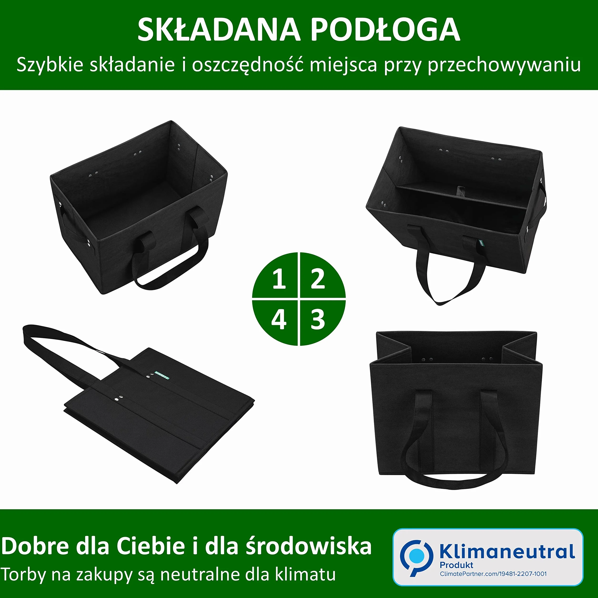 COTTARA Torba na zakupy premium, składana, 3 sztuki – stabilny kosz na zakupy wielokrotnego użytku ze składanym wzmocnionym dnem, w zestawie 3 x siatka na owoce i warzywa – 38 x 23 x 31 cm, szara