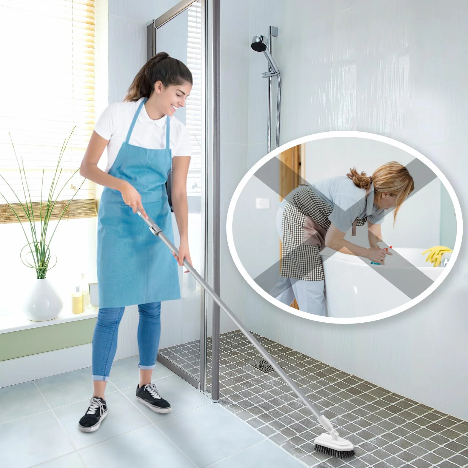 Mitclear 3 w 1 Szczotka do Czyszczenia Płytek Łazienkowych z Teleskopową Rączką(135cm), Szorowarka do Wanien z Długą Rączką i Sztywnym Włosiem, Gąbka do Szorowania i Ściereczka z Mikrofibry