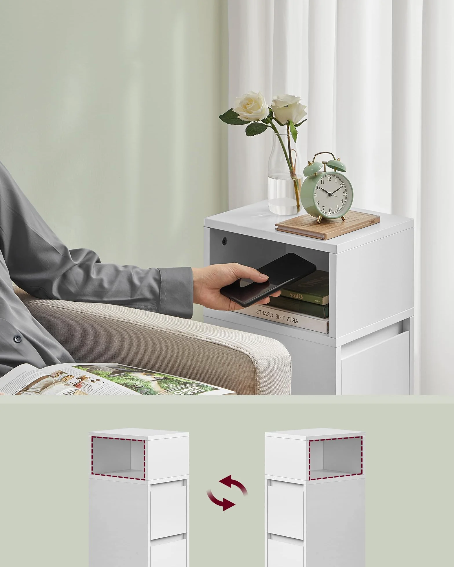 VASAGLE Stolik nocny wąski z 2 szufladami, otwarta komora, biały LET656W01