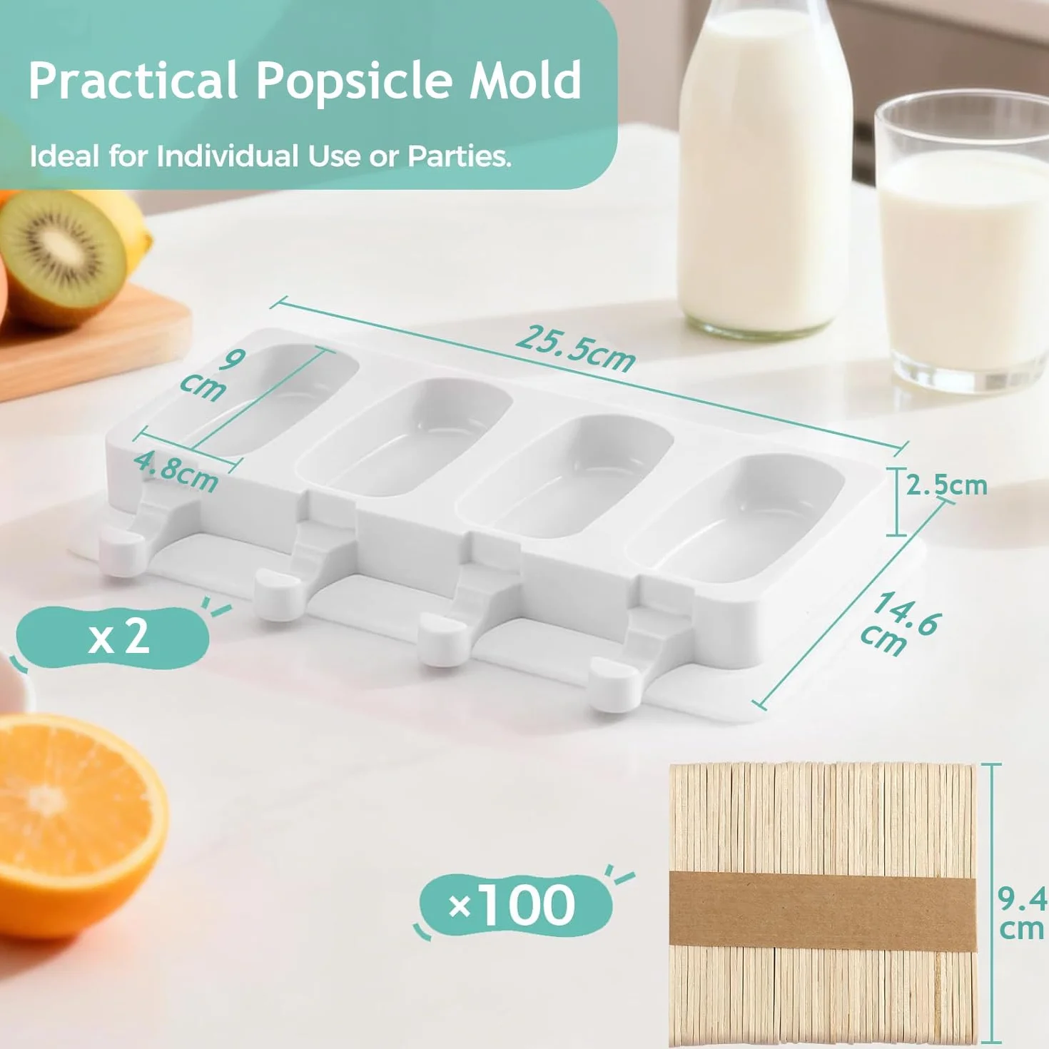 Foremki do lodów na patyku silikonowe 8 foremek Popsicle 100 drewnianych trzonków bez BPA duże